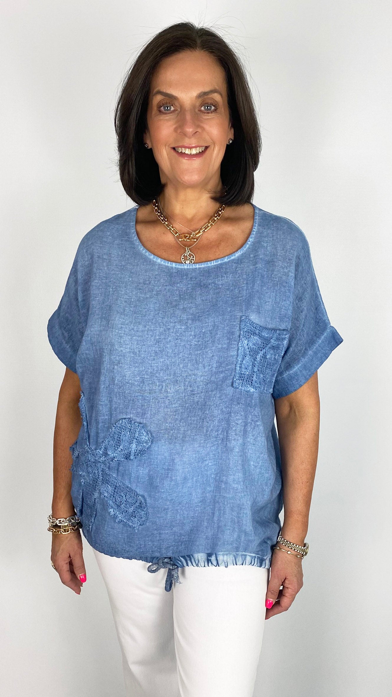 Cotton & linen mesh pocket & flower drawstring top| 4 Colours