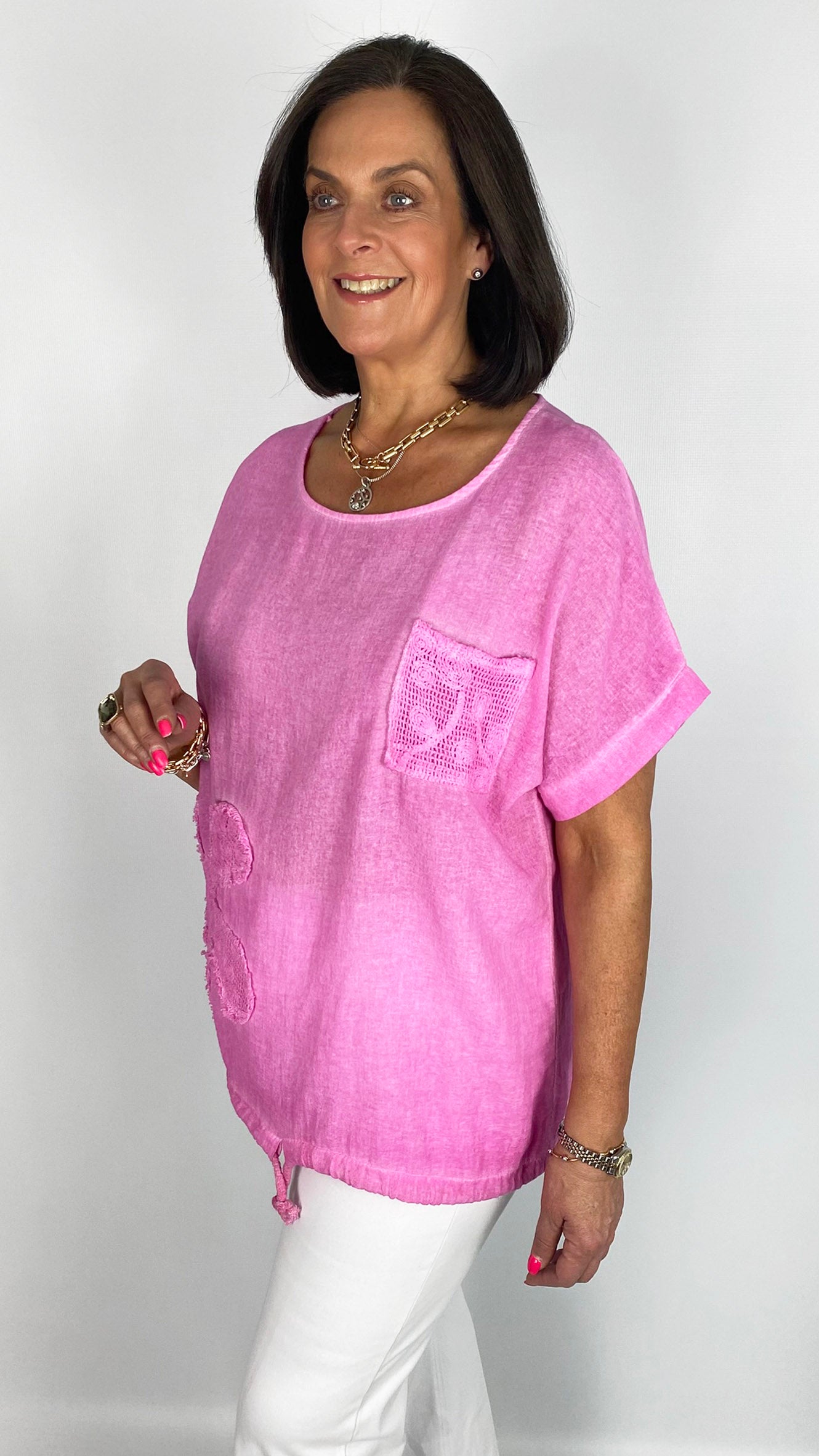 Cotton & linen mesh pocket & flower drawstring top| 4 Colours