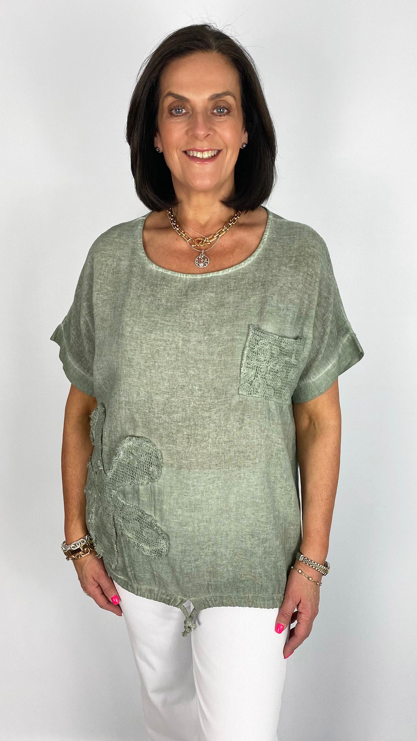 Cotton & linen mesh pocket & flower drawstring top| 4 Colours