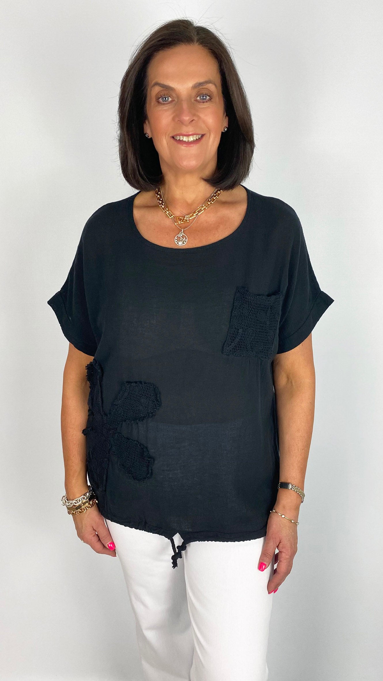 Cotton & linen mesh pocket & flower drawstring top| 4 Colours