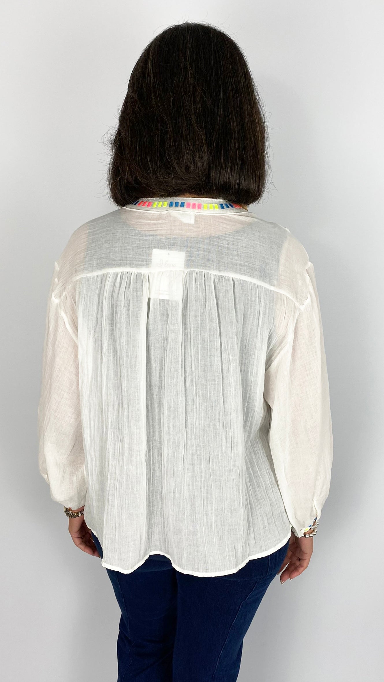 Fluro embroidered collarless v-neck blouse | White