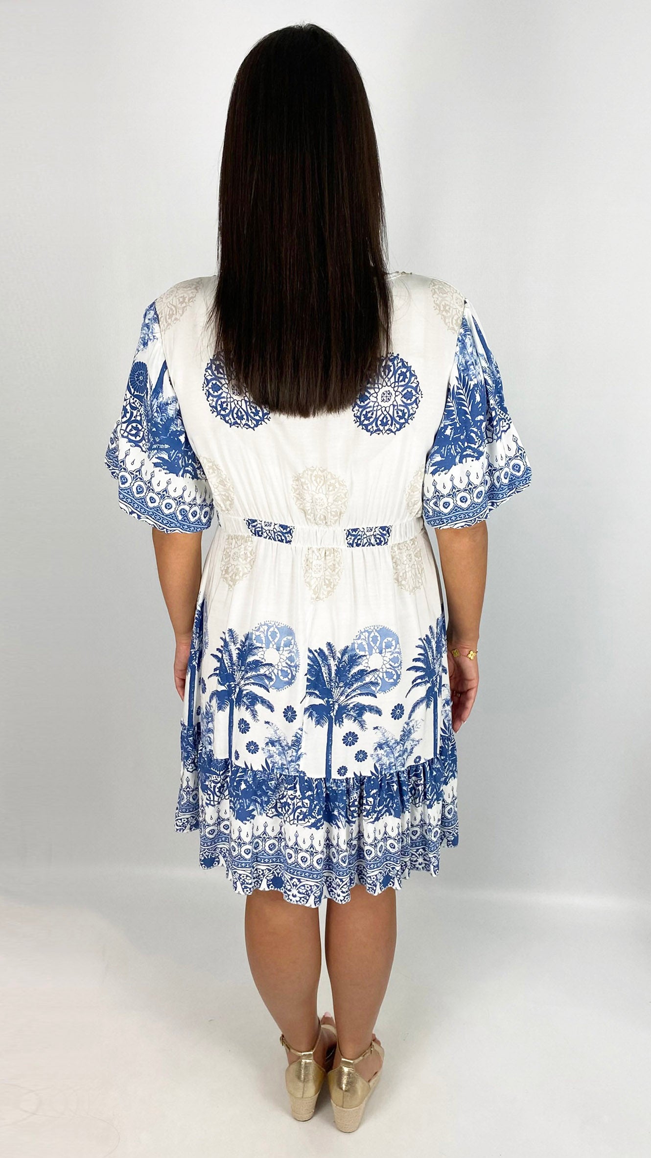 Braided v-neck print puff-sleeve dress | 3 Colours | last 1