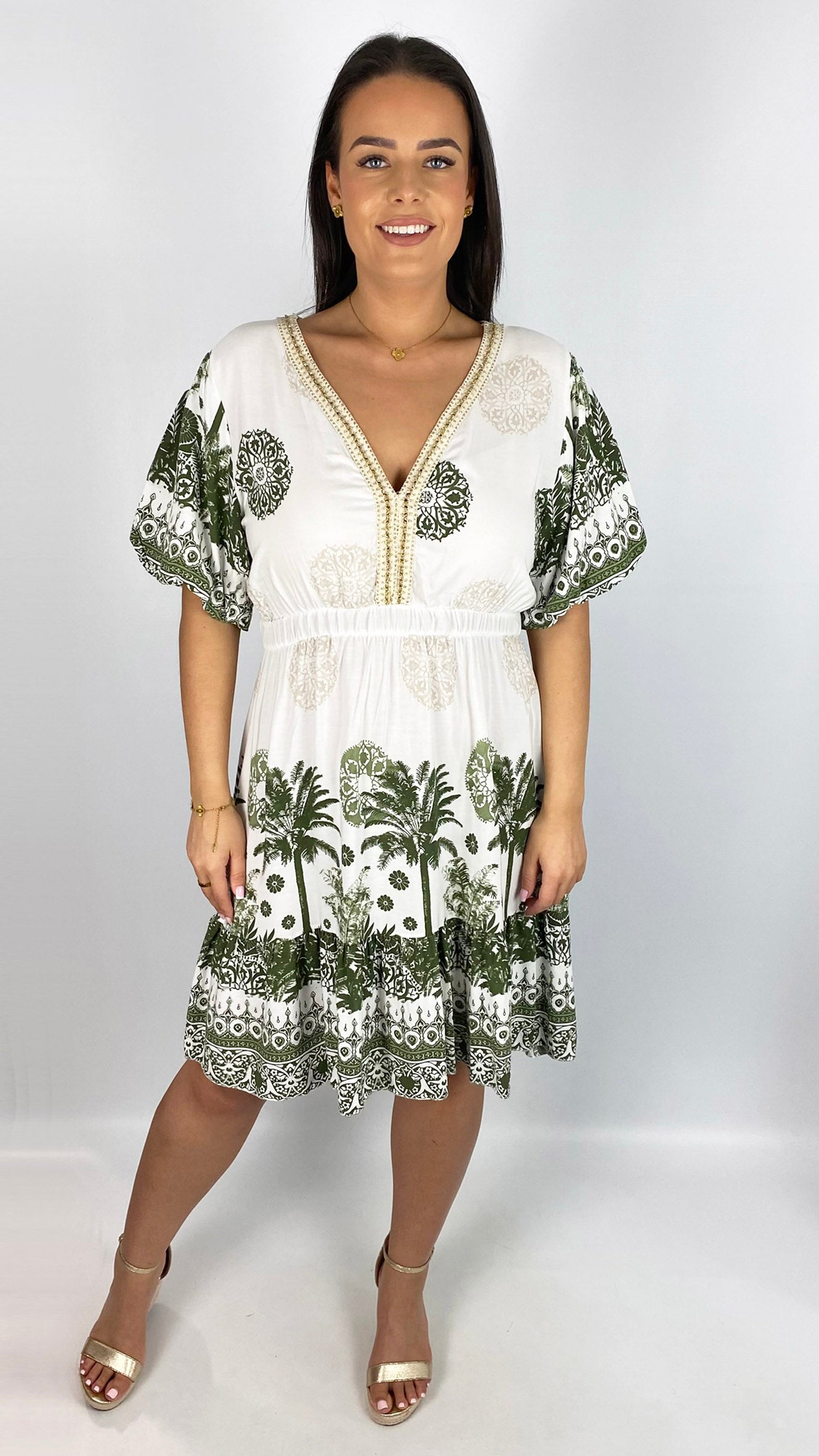 Braided v-neck print puff-sleeve dress | 3 Colours | last 1