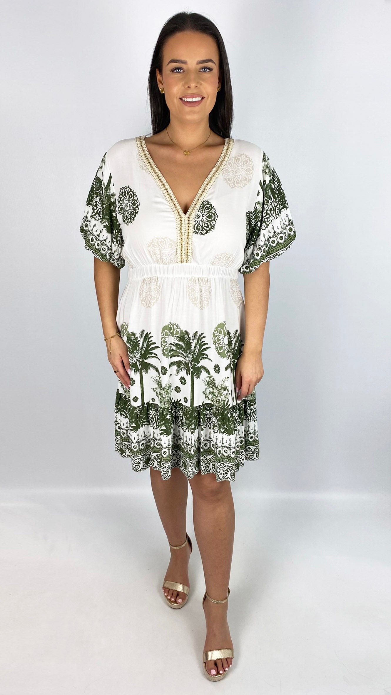 Braided v-neck print puff-sleeve dress | 3 Colours | last 1