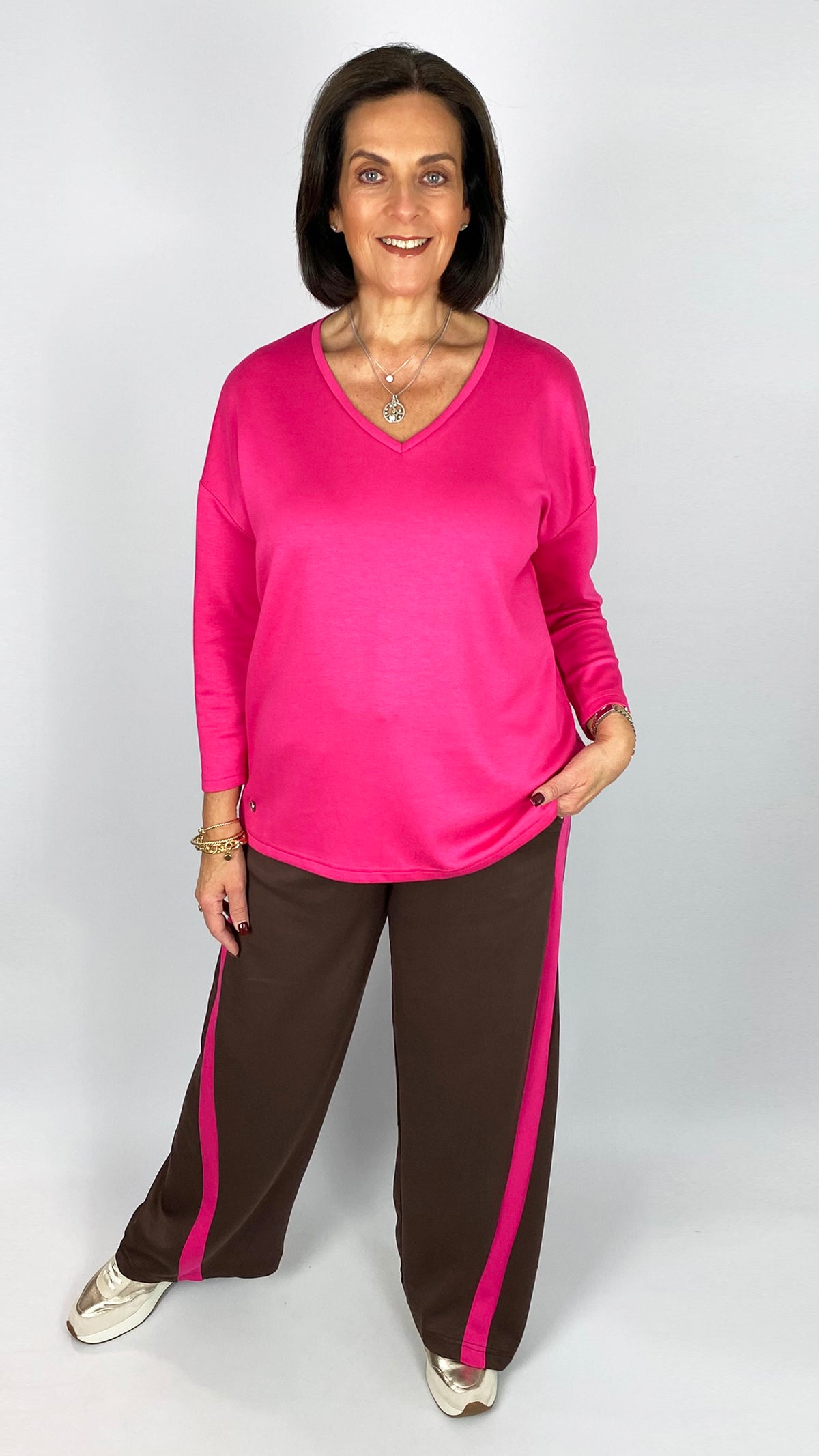 Stripe jersey wide-leg pull-on pants | Chocolate/Hot Pink | by Malissa J