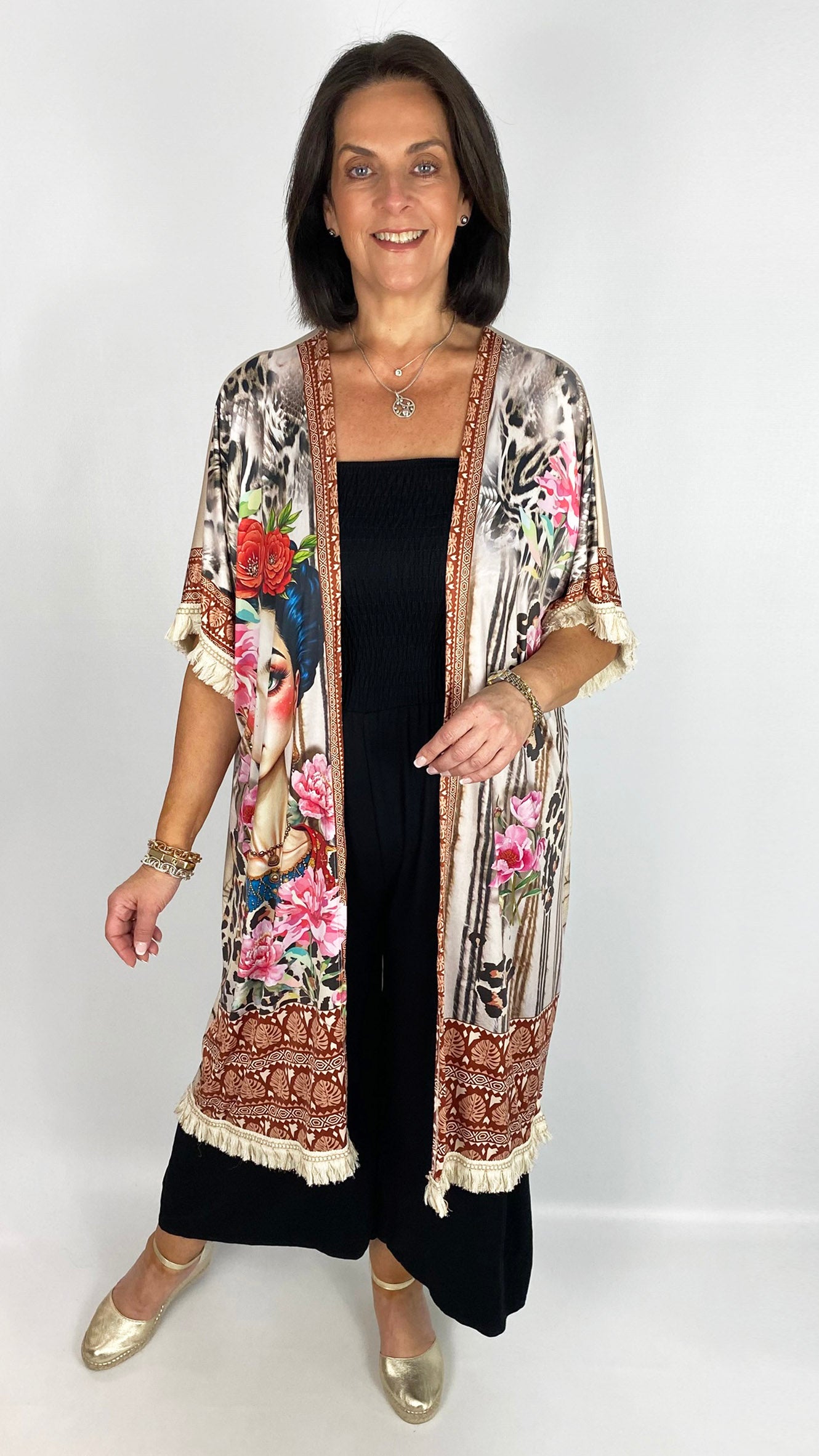 Crease-free fringe trimmed print longline kimono | Cream