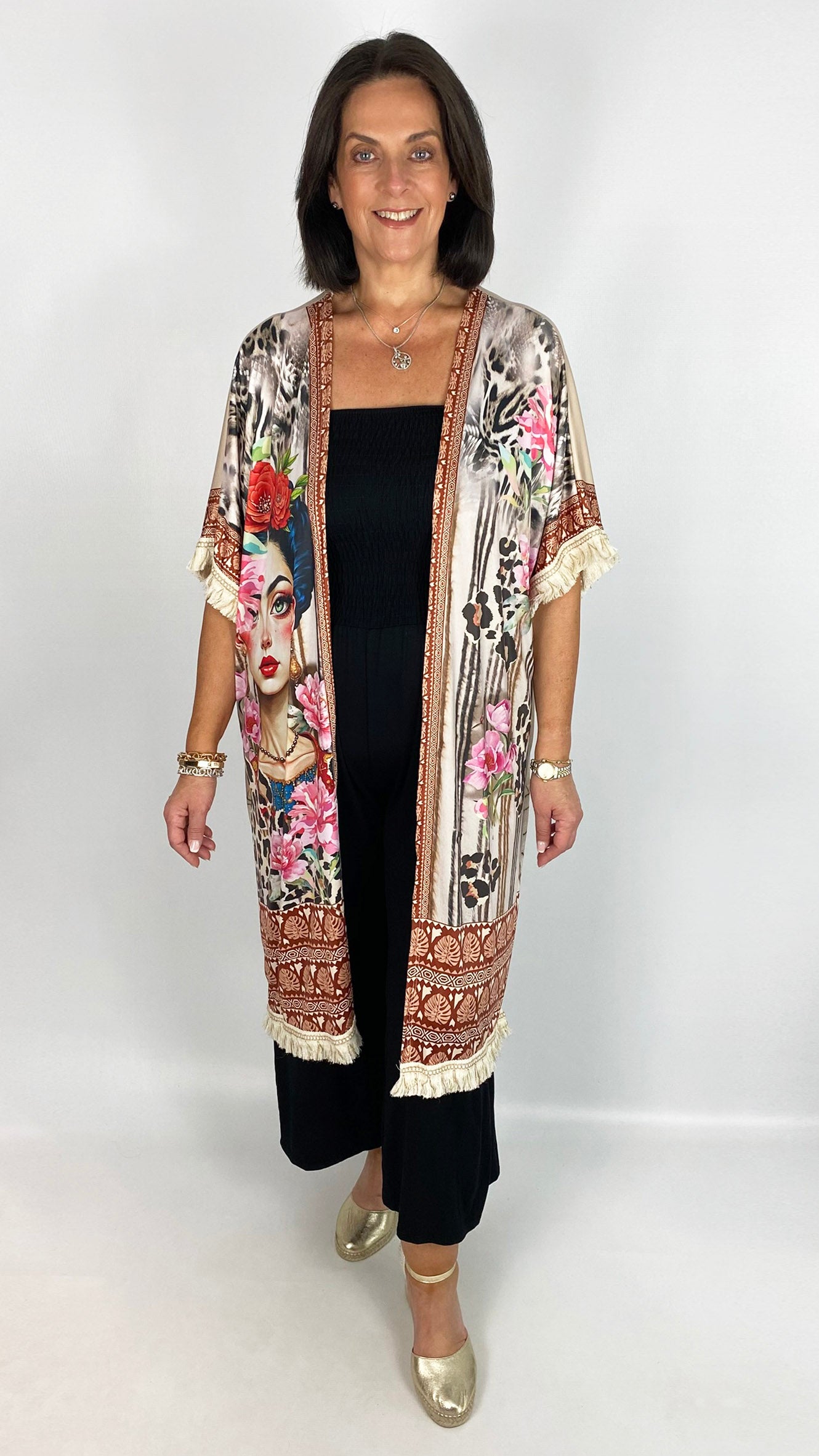 Crease-free fringe trimmed print longline kimono | Cream