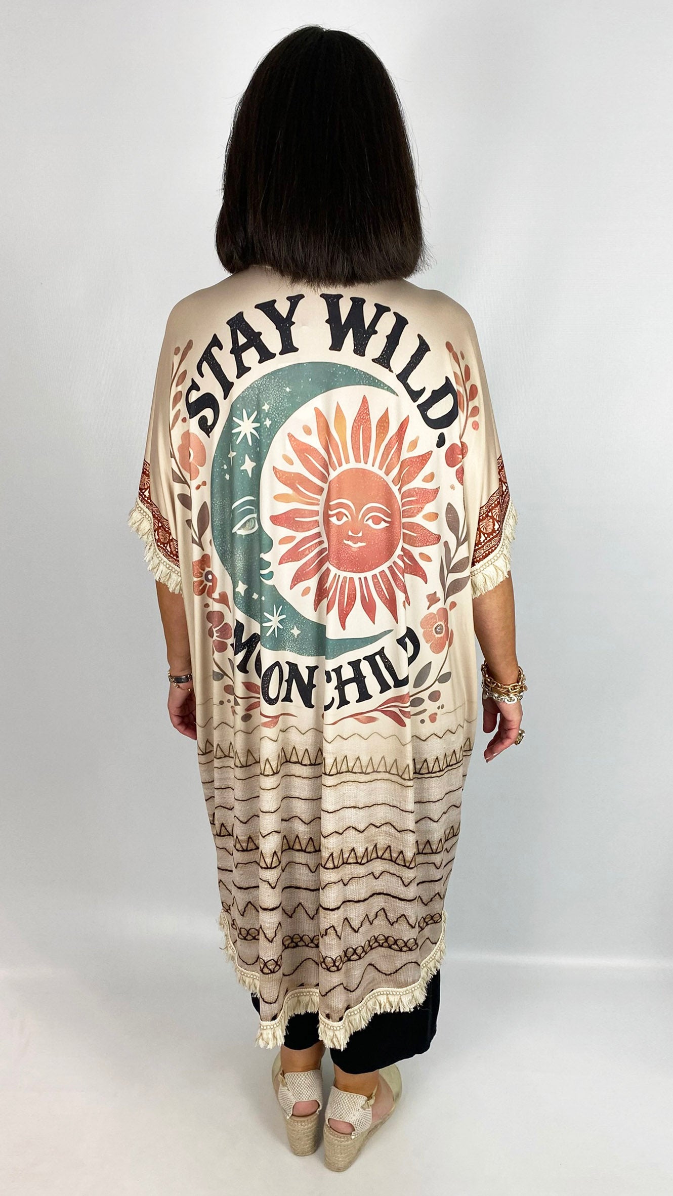 Crease-free fringe trimmed print longline kimono | Cream