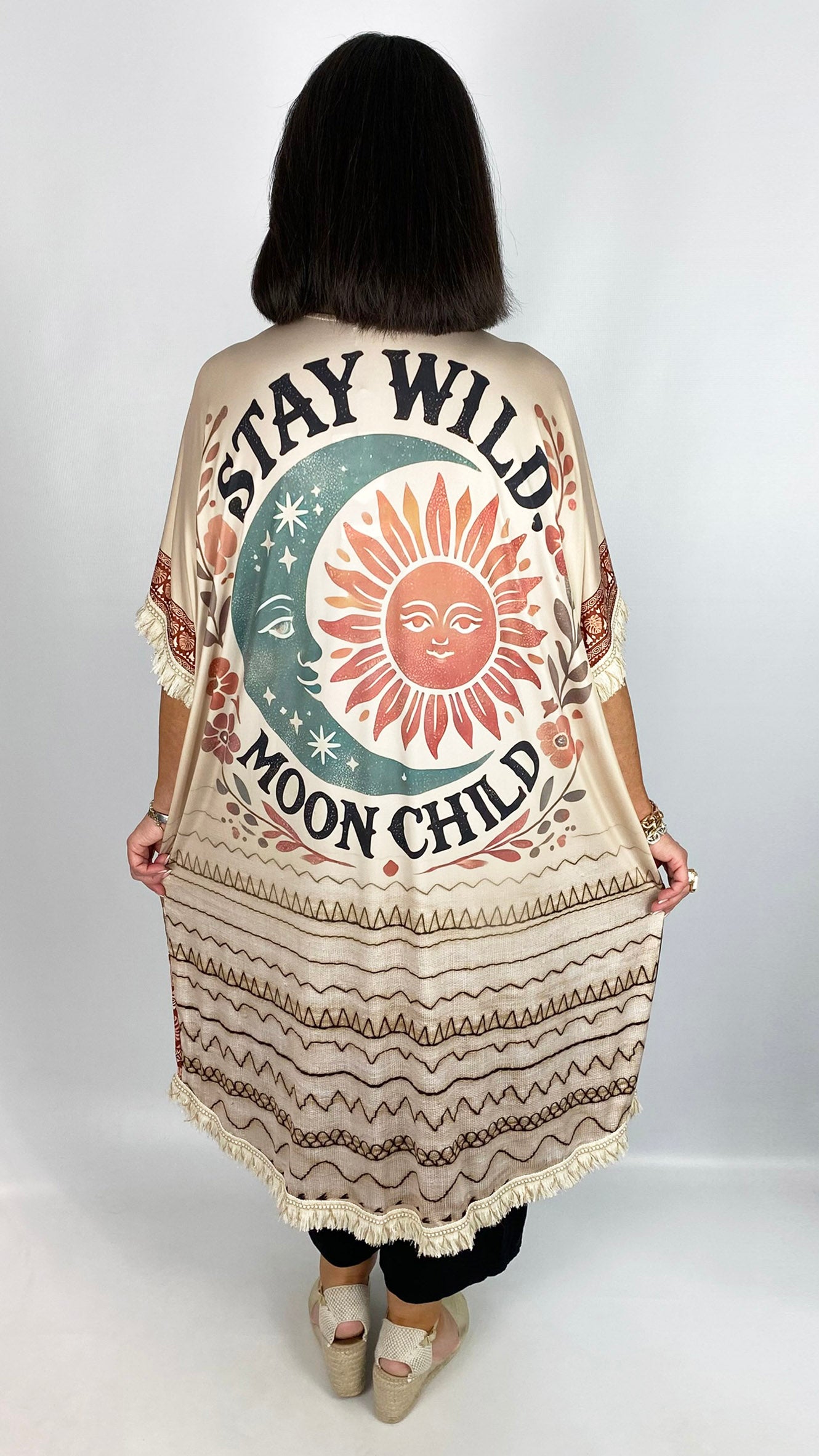 Crease-free fringe trimmed print longline kimono | Cream