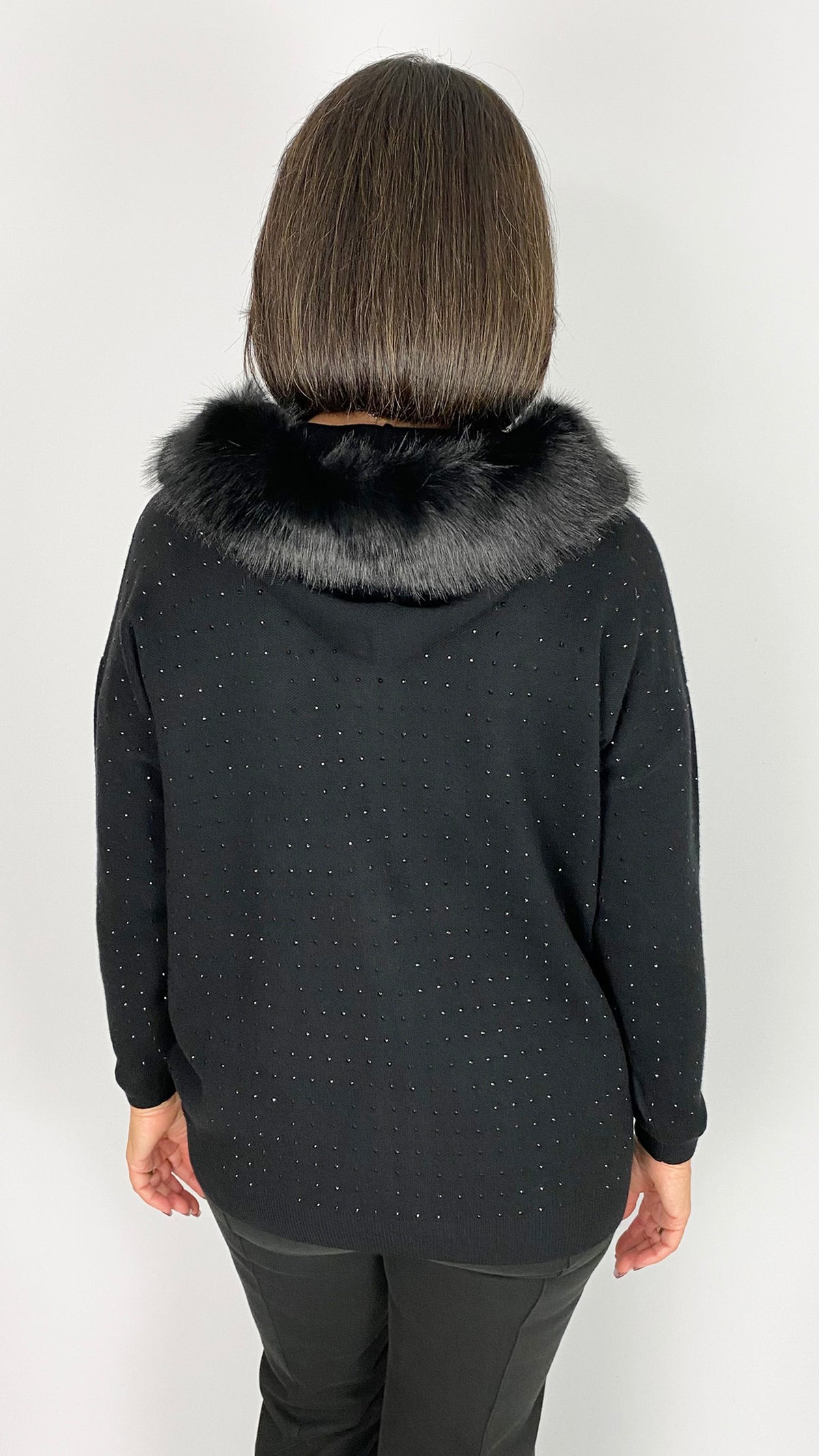 Studded zip-through knitted hoodie w/ faux fur trim | Black | by Malissa J