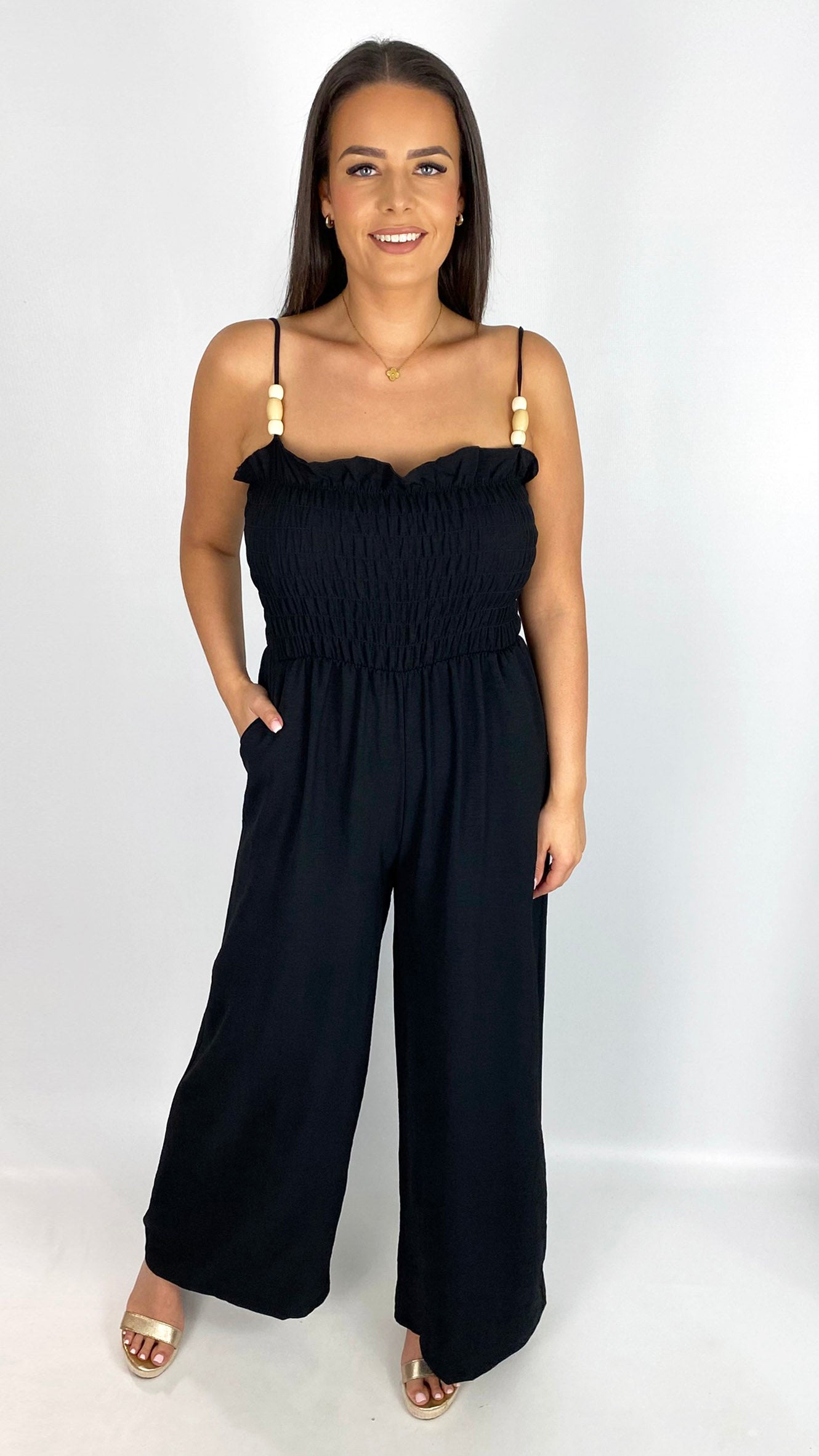 Beaded strap shirred wide-leg jumpsuit | 3 Colours