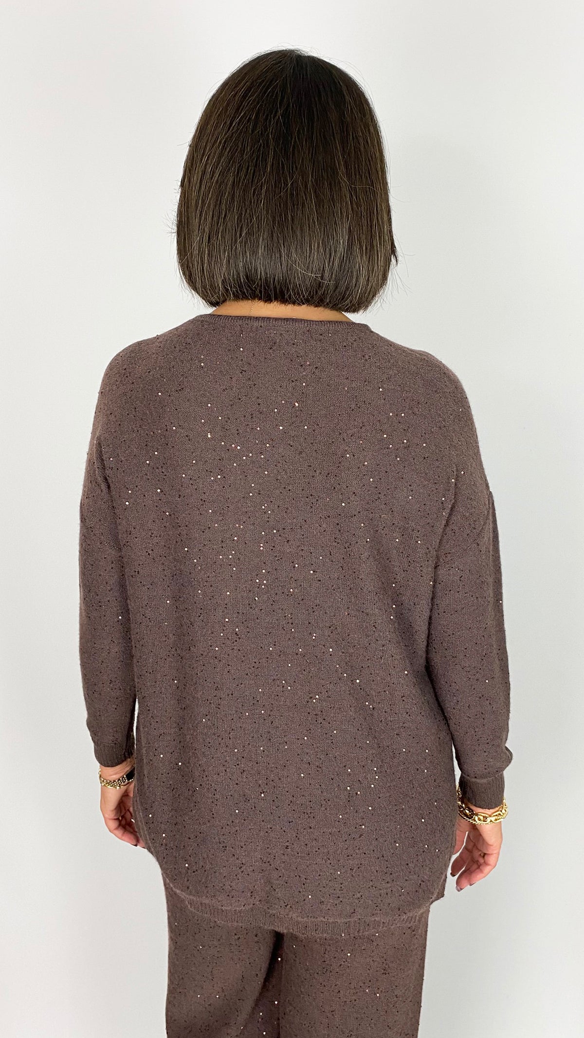 Sequin knit round neck jumper | Chocolate | by Malissa J