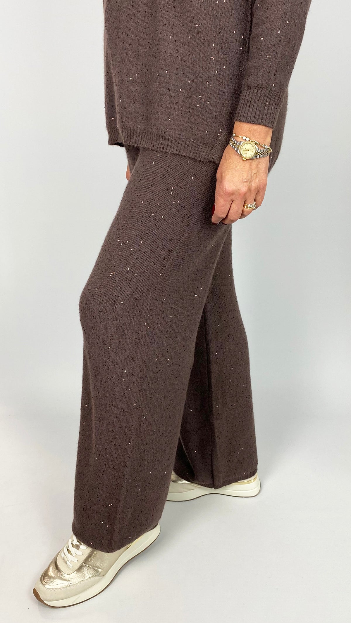 Sequin knit wide-leg trouser | Chocolate | by Malissa J