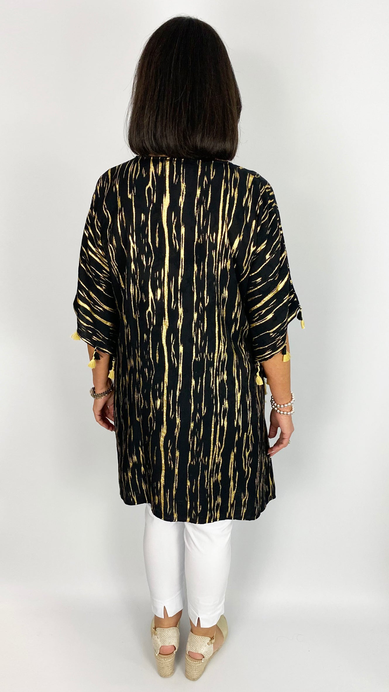 Tassel trimmed drawstring waist v-neck top | Black/Gold | by Malissa J