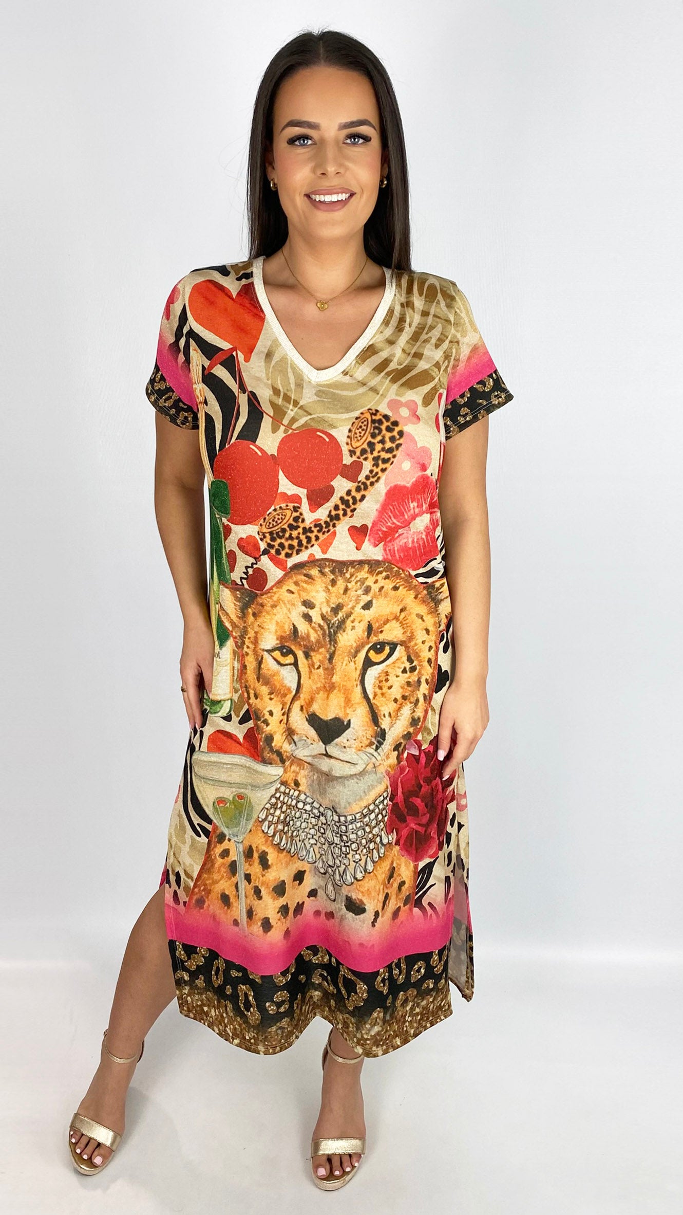 Lurex print v-neck midaxi dress | 3 Designs