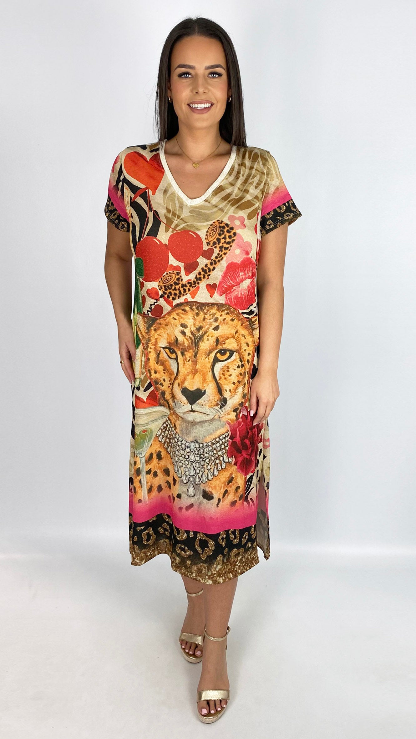 Lurex print v-neck midaxi dress | 3 Designs