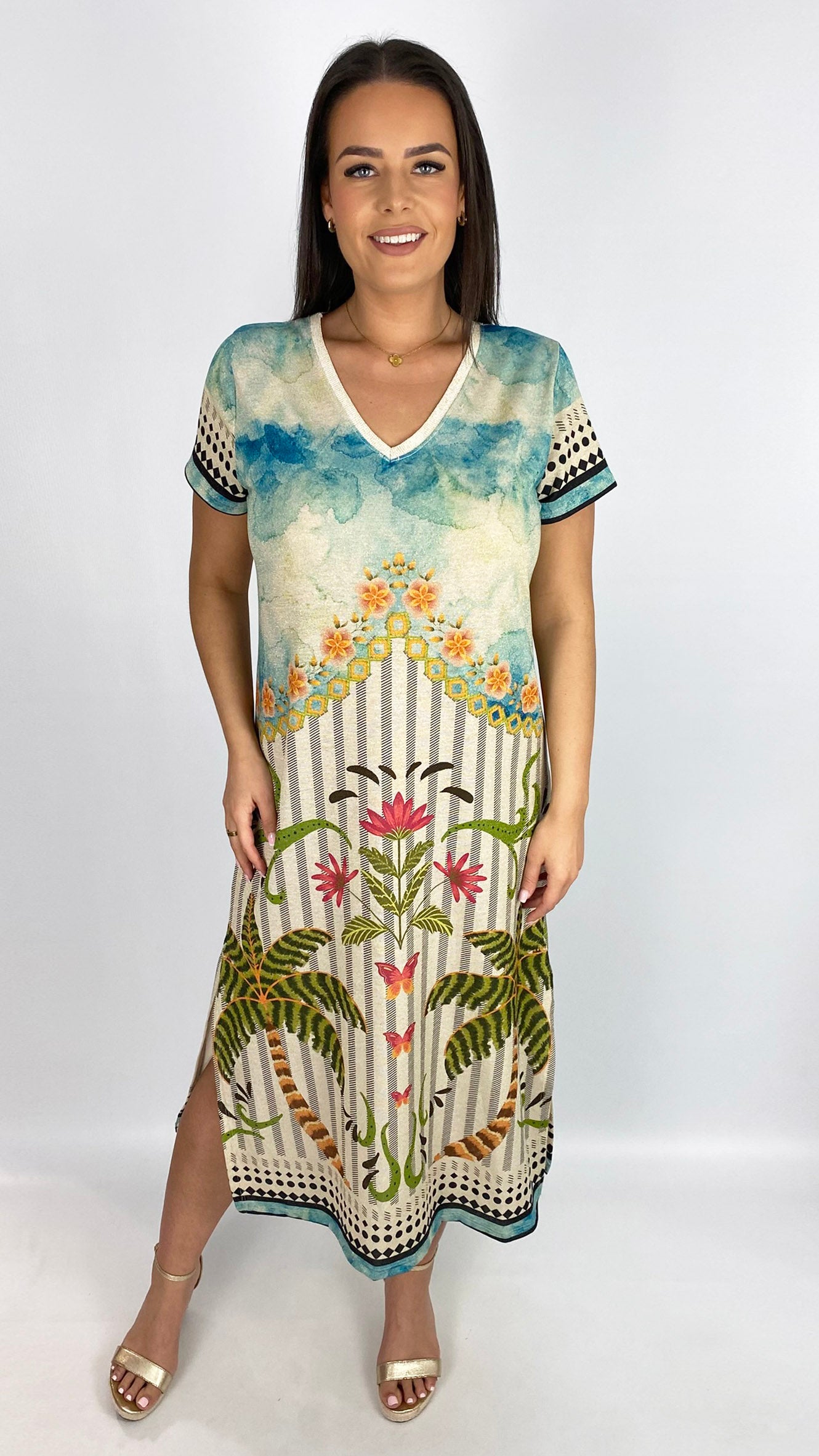 Lurex print v-neck midaxi dress | 3 Designs