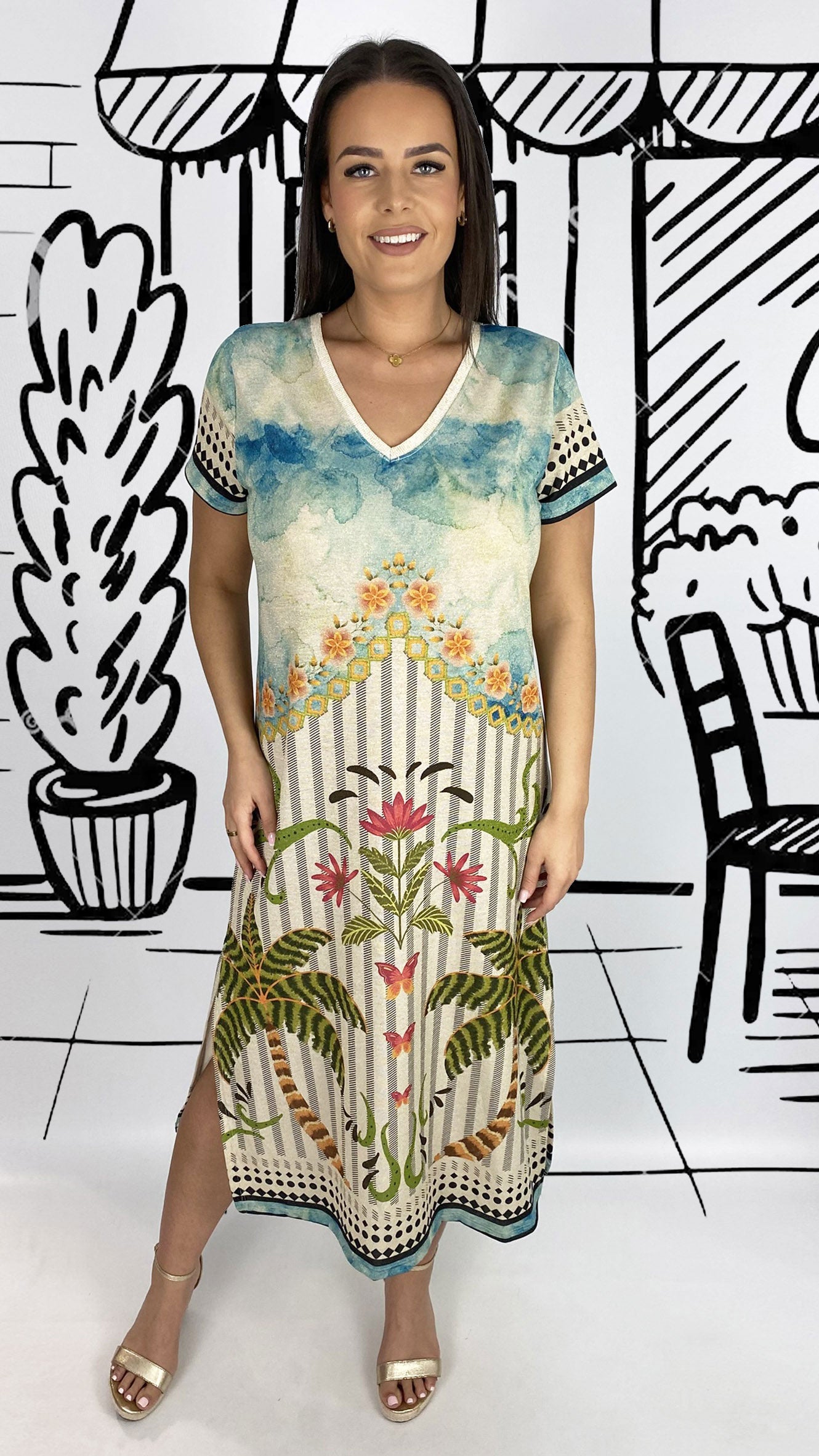 Lurex print v-neck midaxi dress | 3 Designs