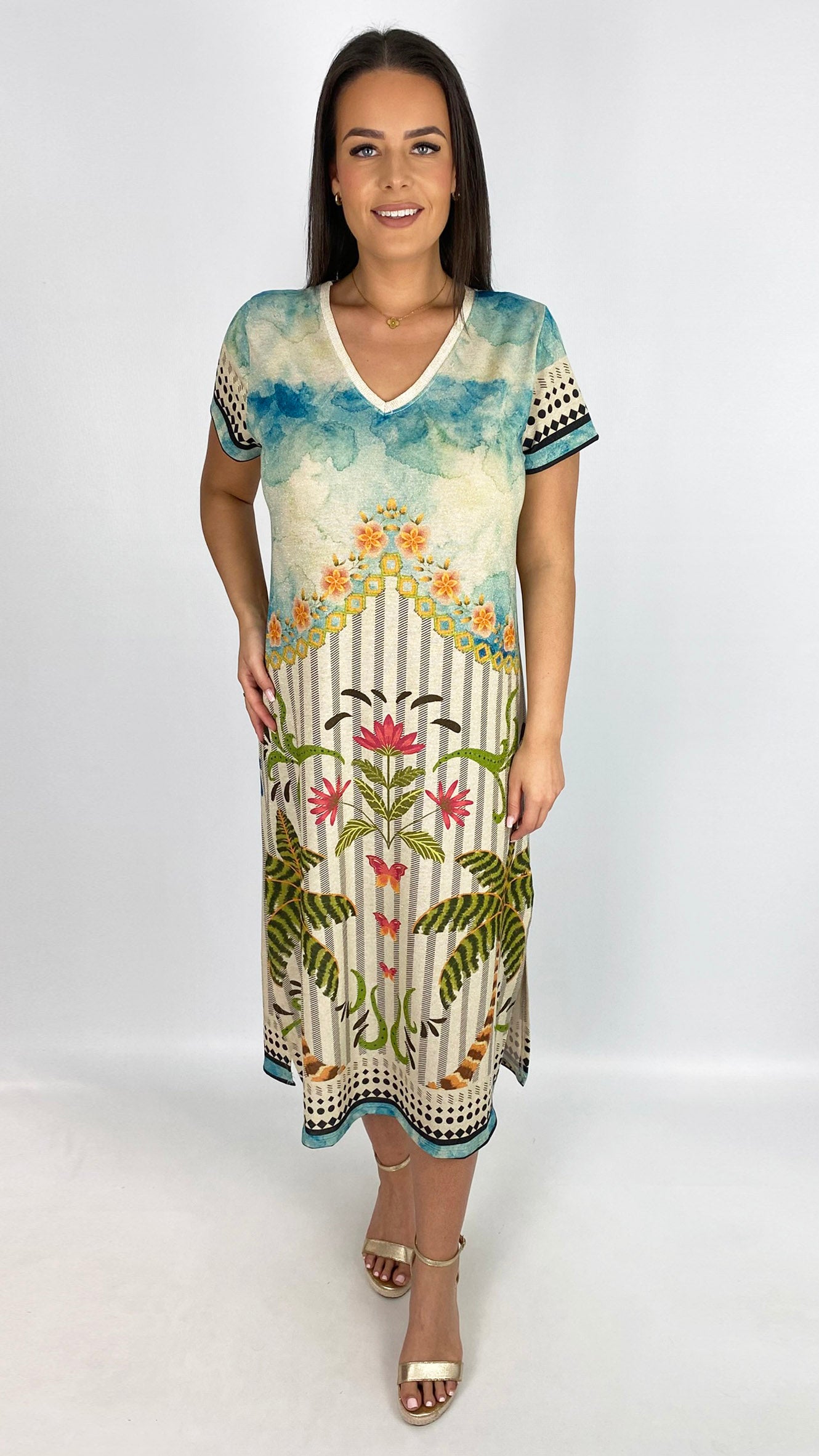 Lurex print v-neck midaxi dress | 3 Designs
