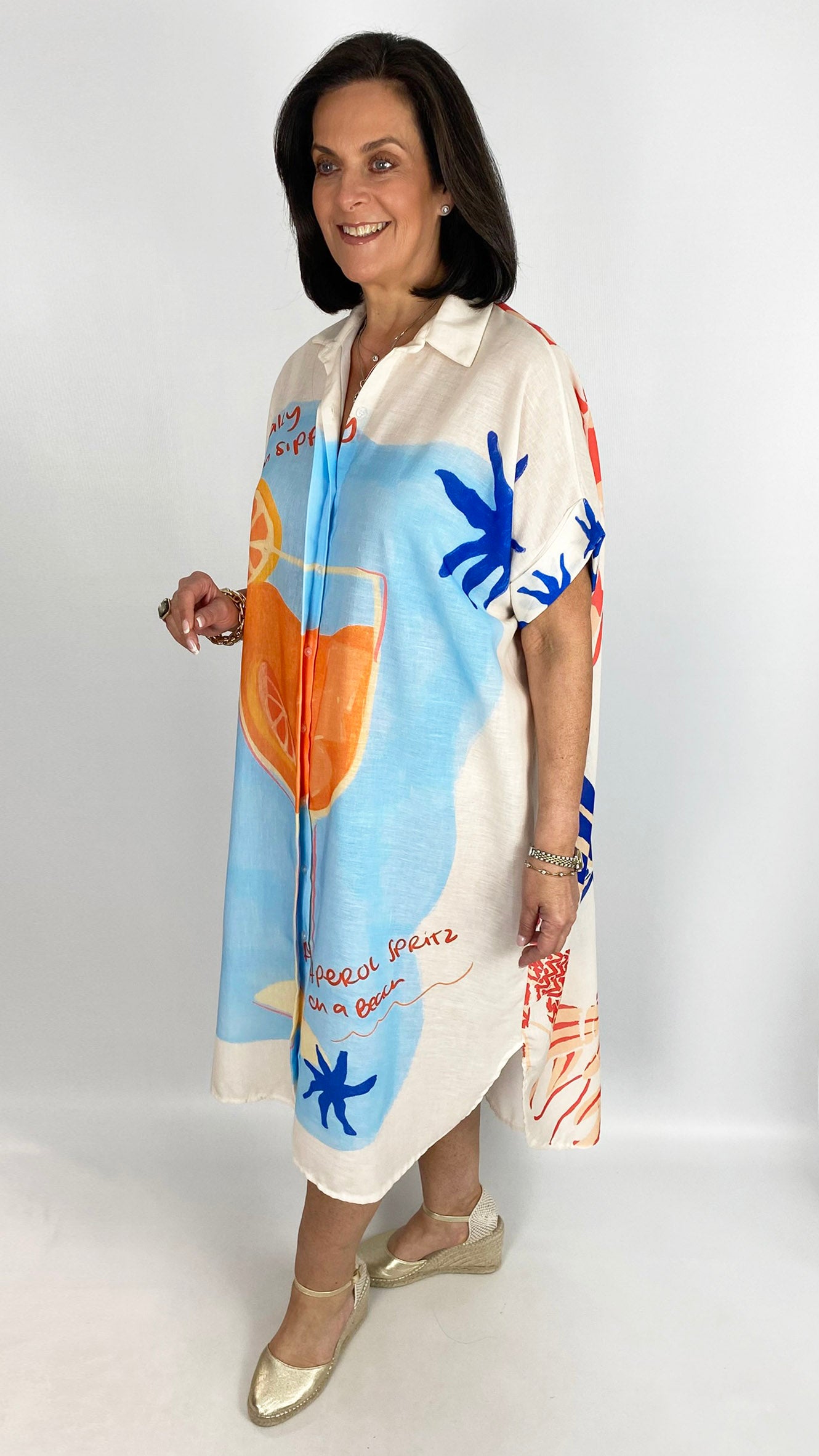 Linen mix button-through graphic shirt dress | 3 Prints