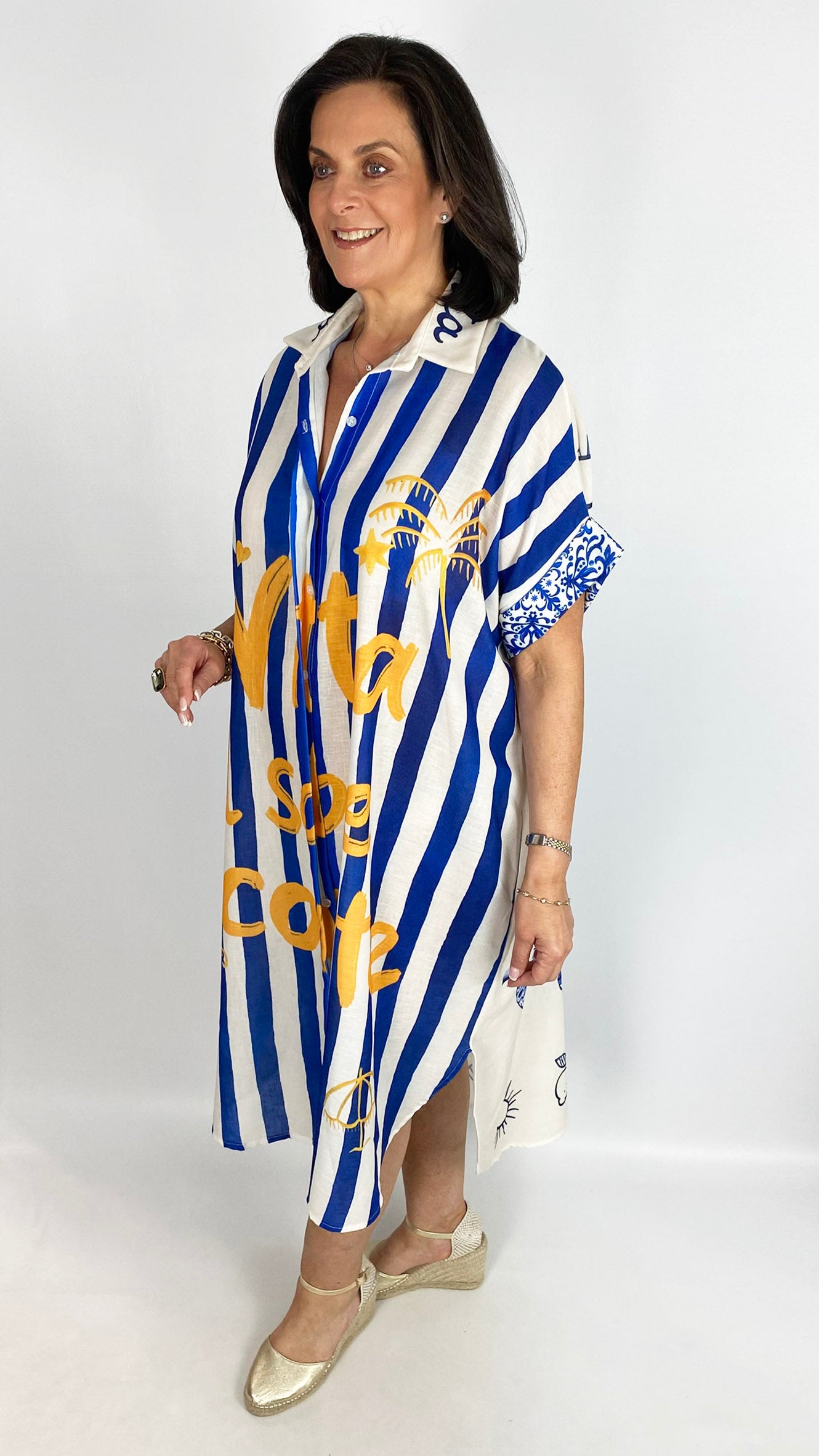 Linen mix button-through graphic shirt dress | 3 Prints