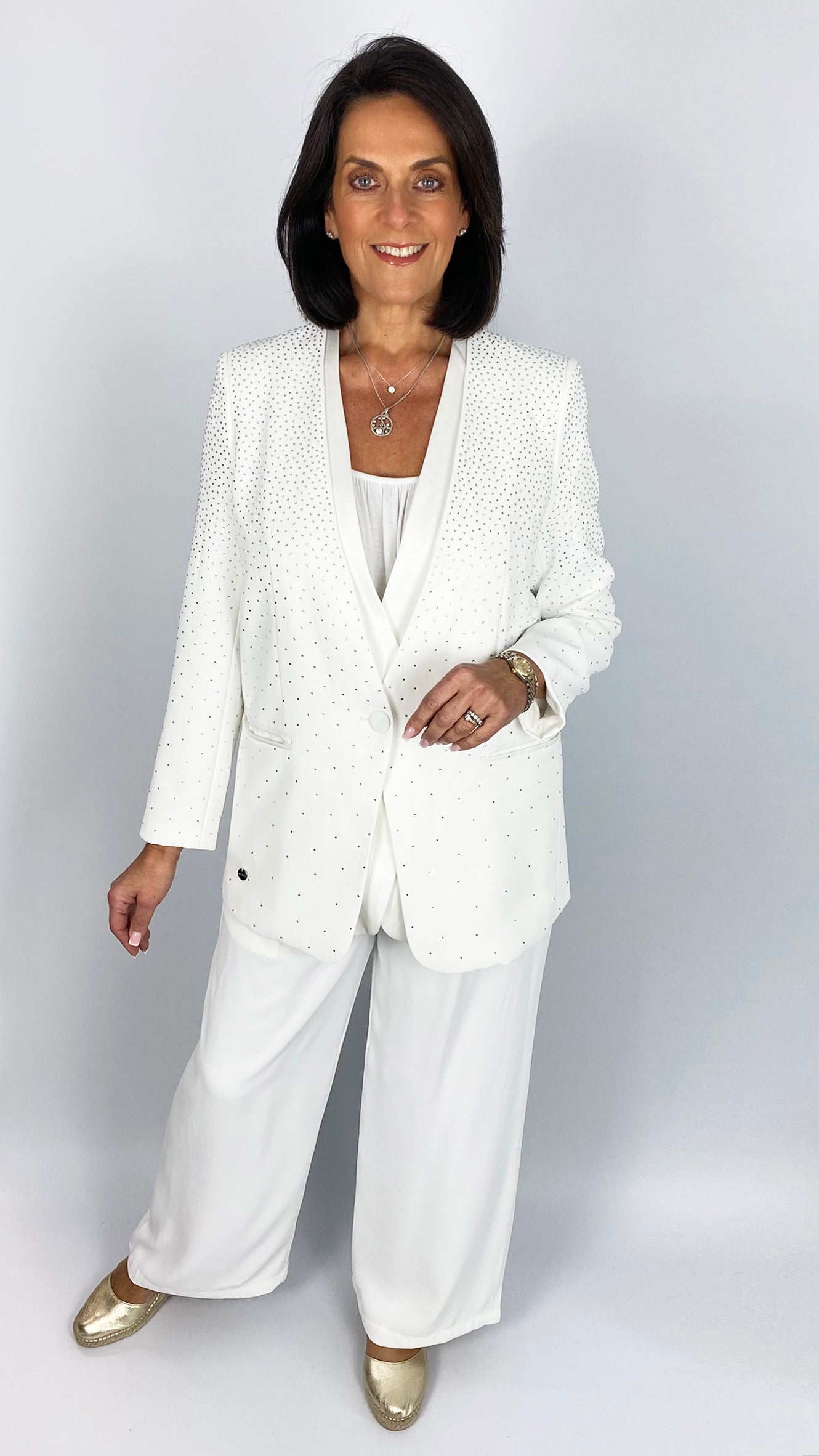Panel detail graduated studded blazer | White | 2 Sizes | by Malissa J