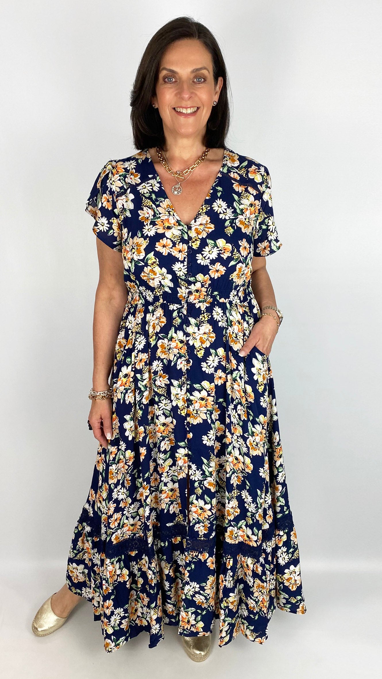Button-through v-neck frill-sleeve floral maxi dress | Navy Multi