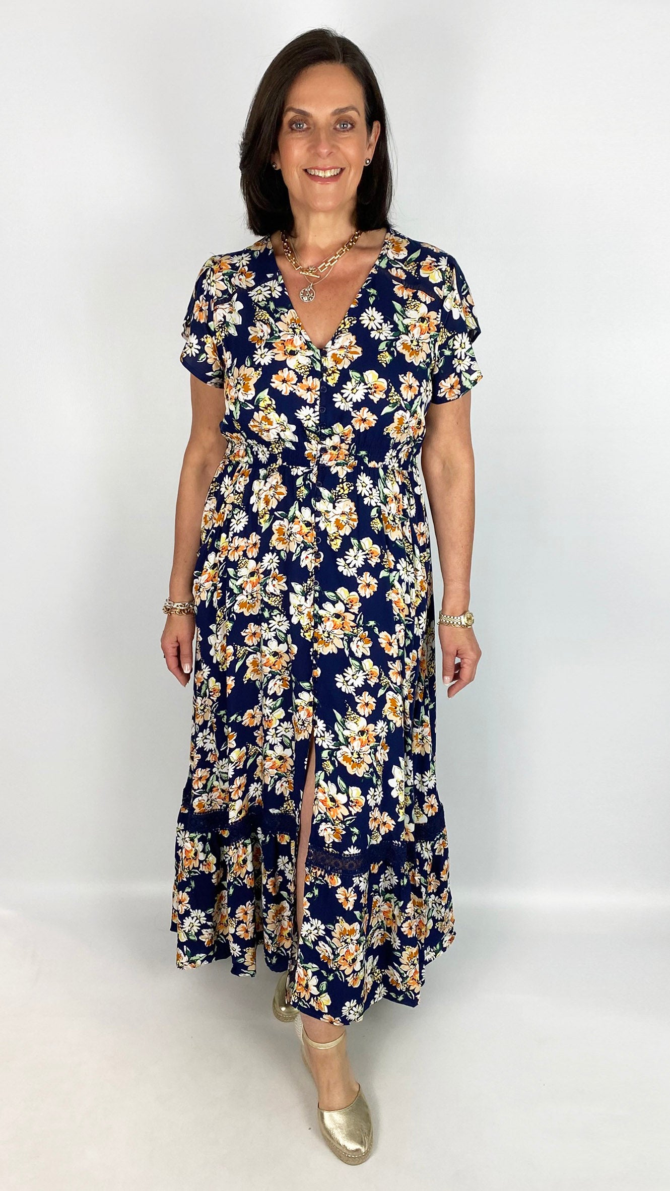 Button-through v-neck frill-sleeve floral maxi dress | Navy Multi