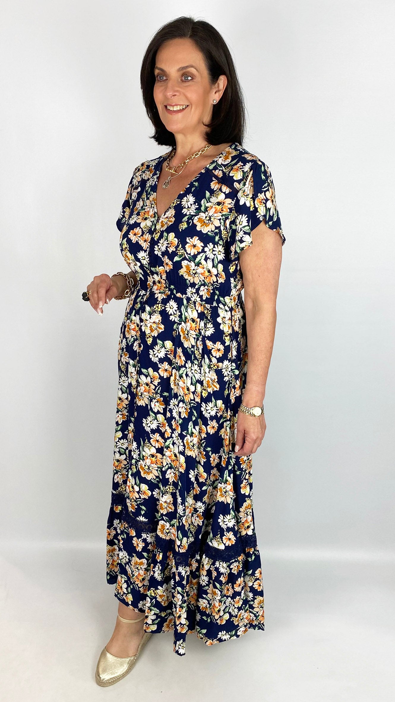 Button-through v-neck frill-sleeve floral maxi dress | Navy Multi