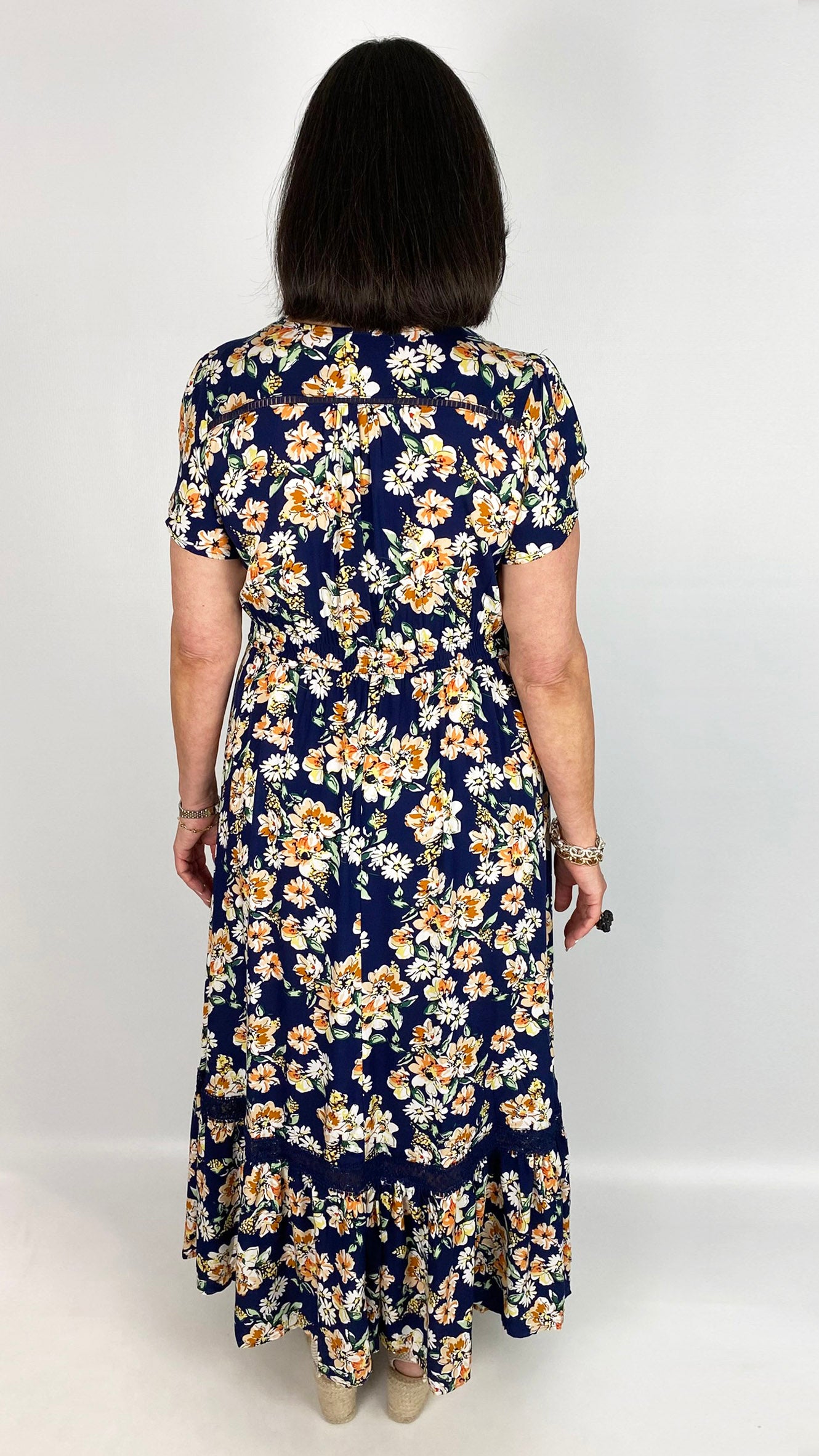 Button-through v-neck frill-sleeve floral maxi dress | Navy Multi