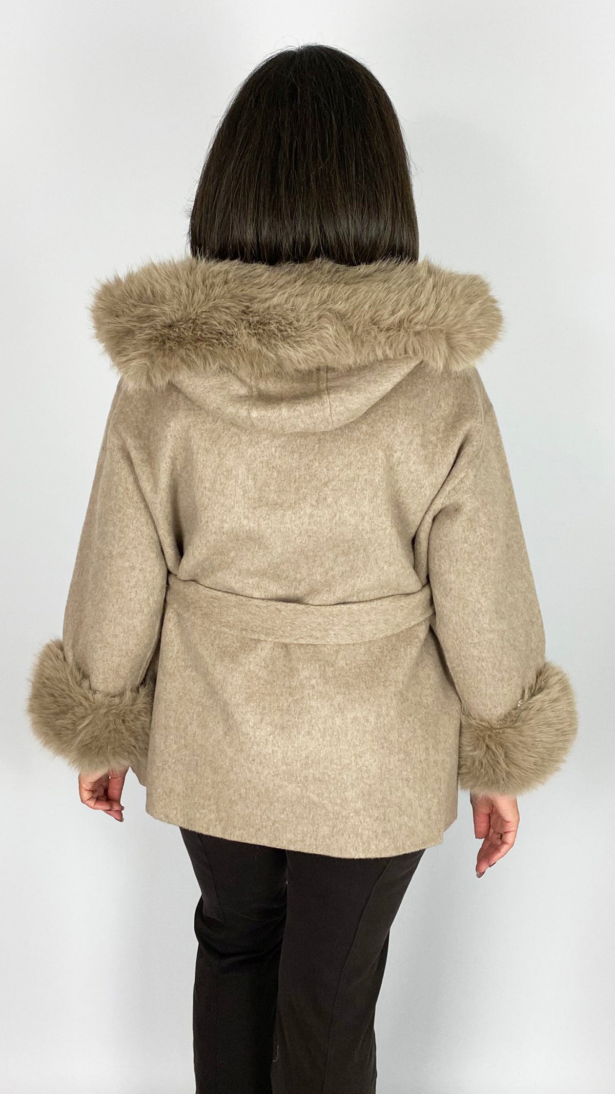 Faux fur trimmed wool jacket | Taupe | by Malissa J