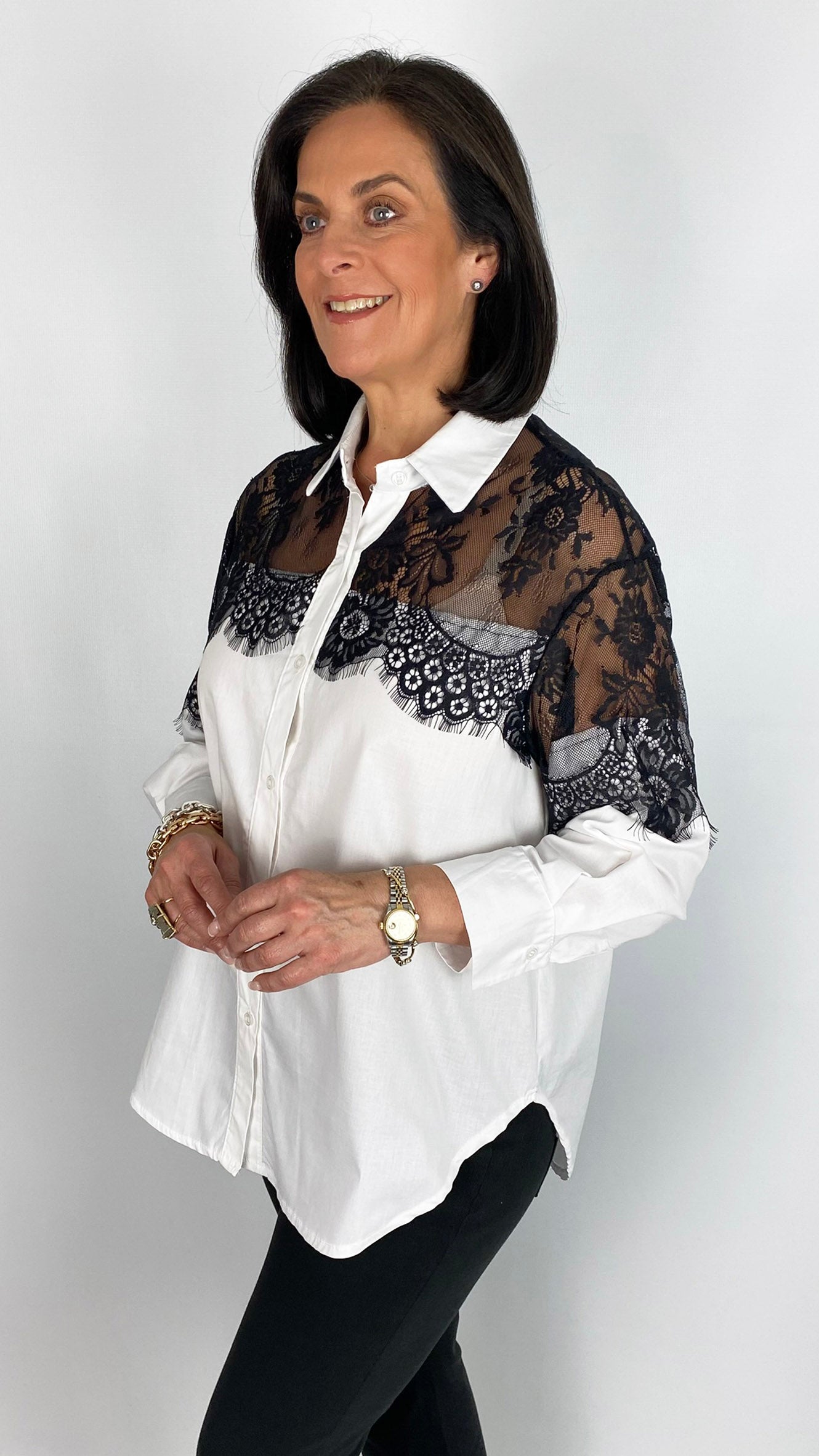 Lace shoulder classic shirt | White/Black