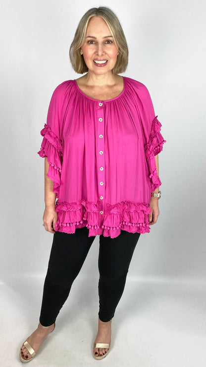 Button-through pom pom ruffle top by Malissa J (3 Colours) - last 1s
