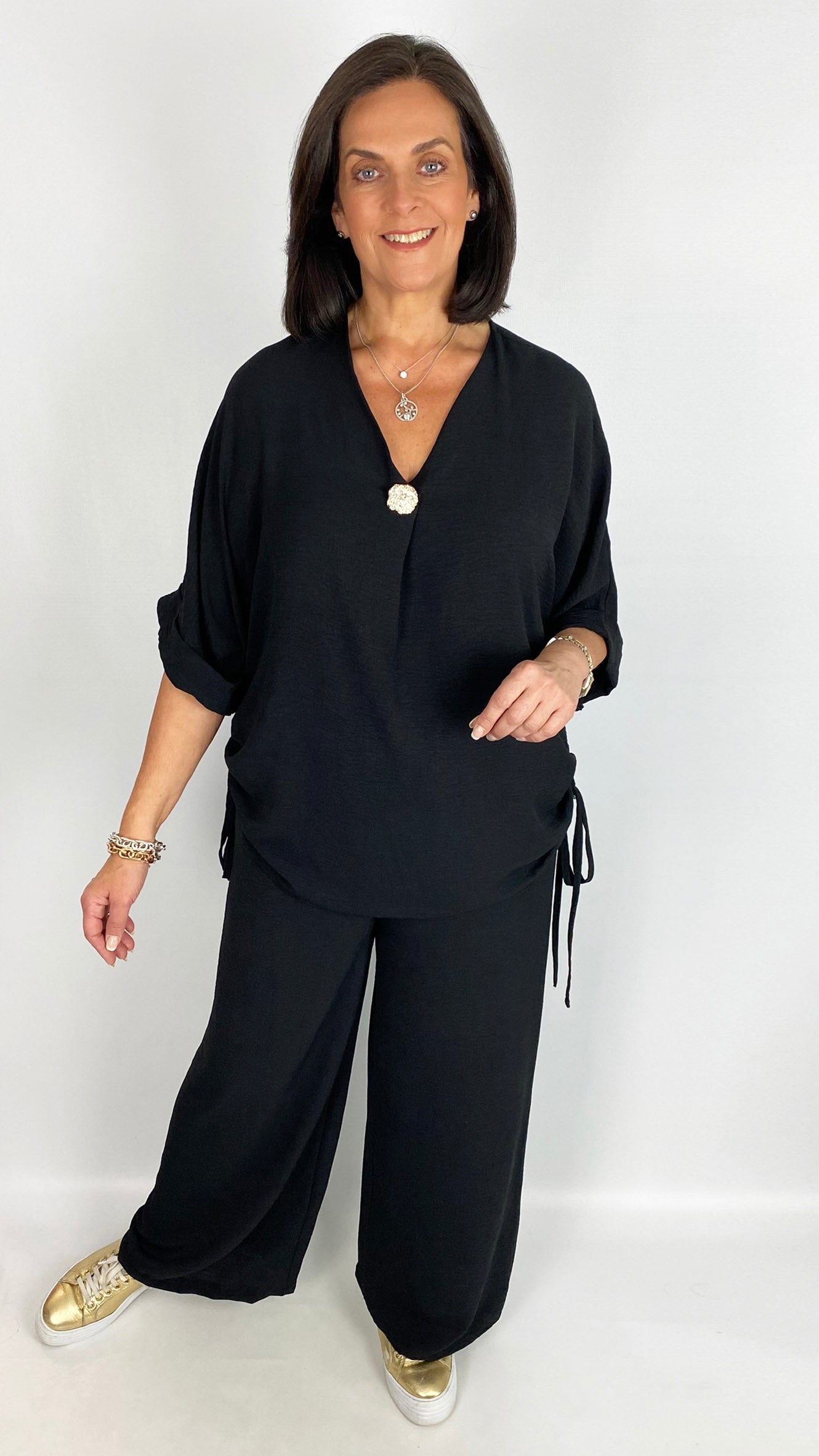 Ruched side detail v-neck top & wide-leg trouser set | 2 Colours | last 1