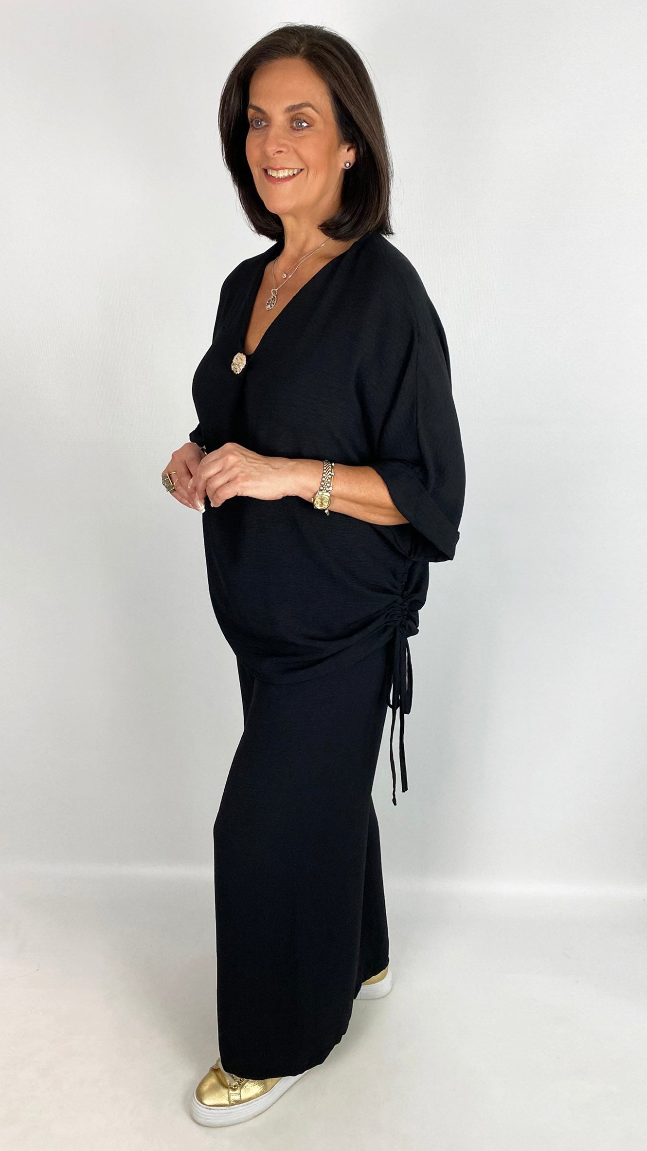 Ruched side detail v-neck top & wide-leg trouser set | 2 Colours | last 1