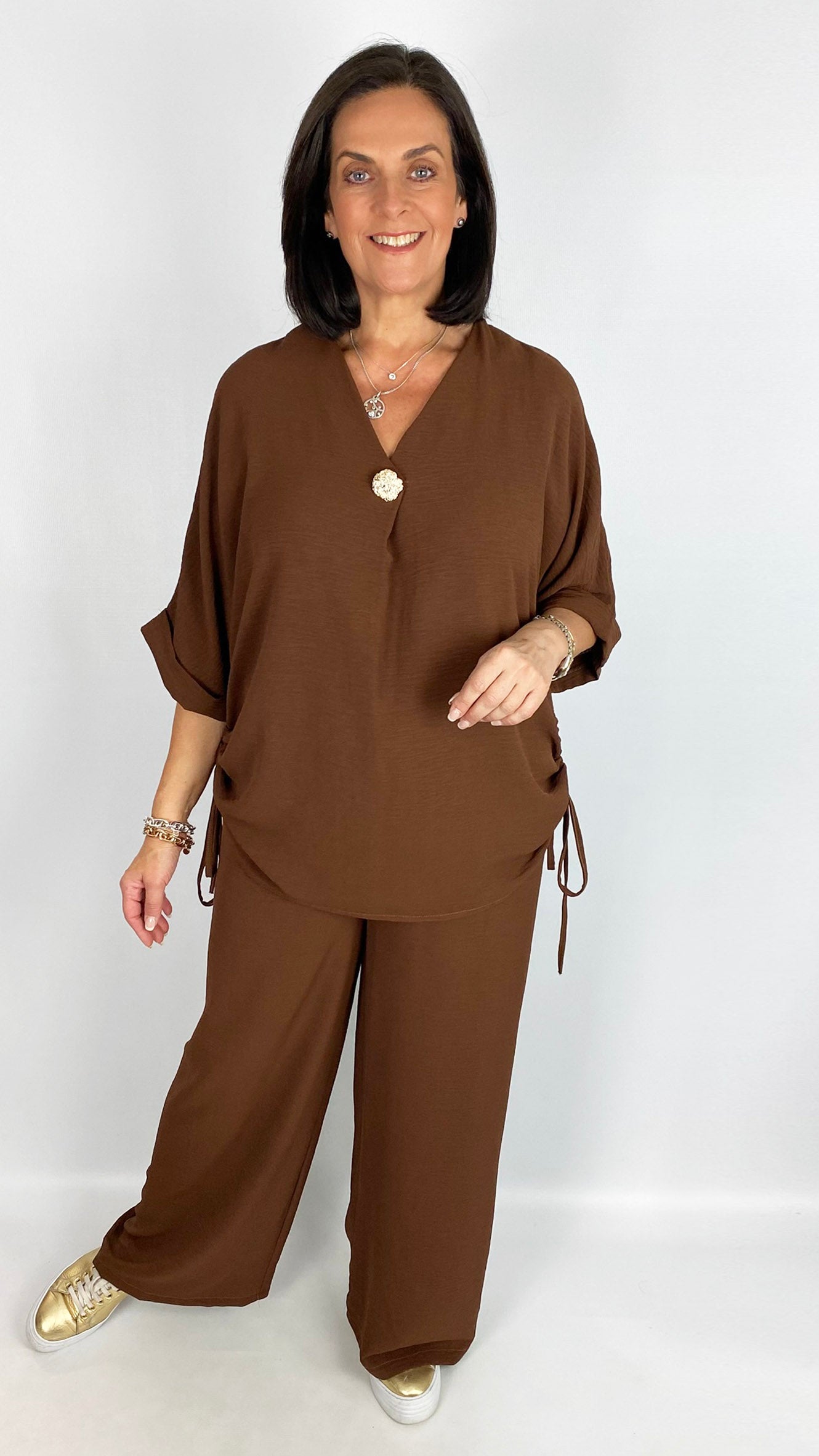 Ruched side detail v-neck top & wide-leg trouser set | 2 Colours | last 1