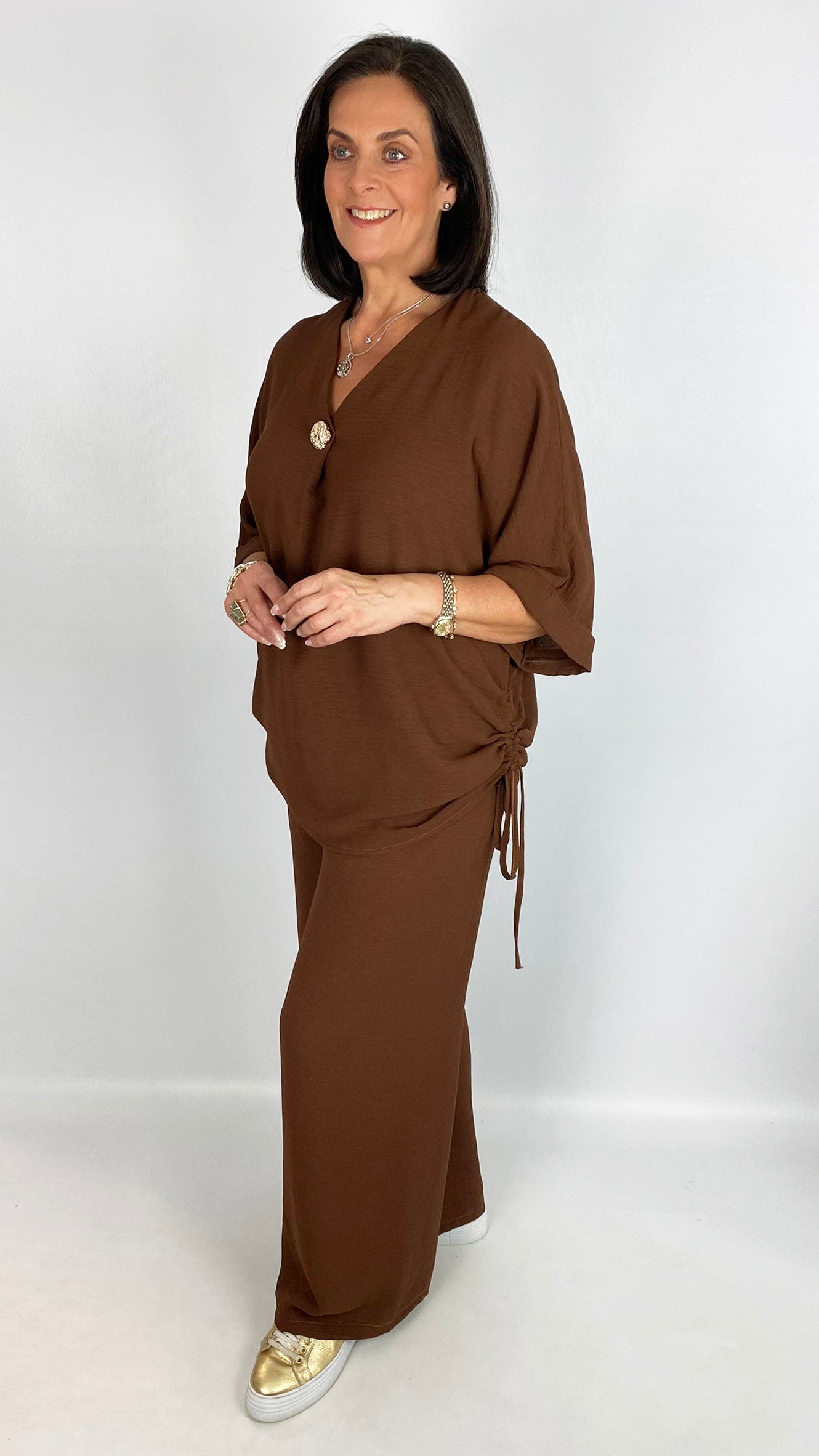 Ruched side detail v-neck top & wide-leg trouser set | 2 Colours | last 1