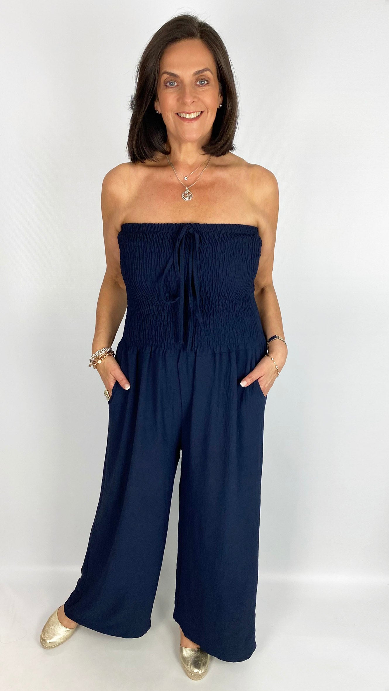 Crepe shirred wide-leg jumpsuit | 2 Colours | last 1