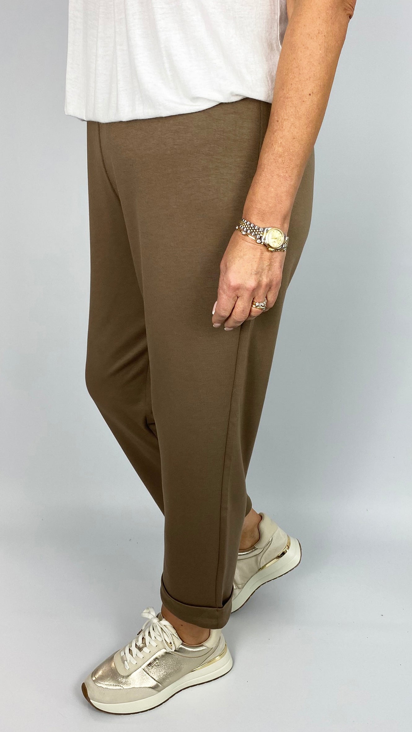Jersey straight leg cuffed pant | Brown | by Malissa J
