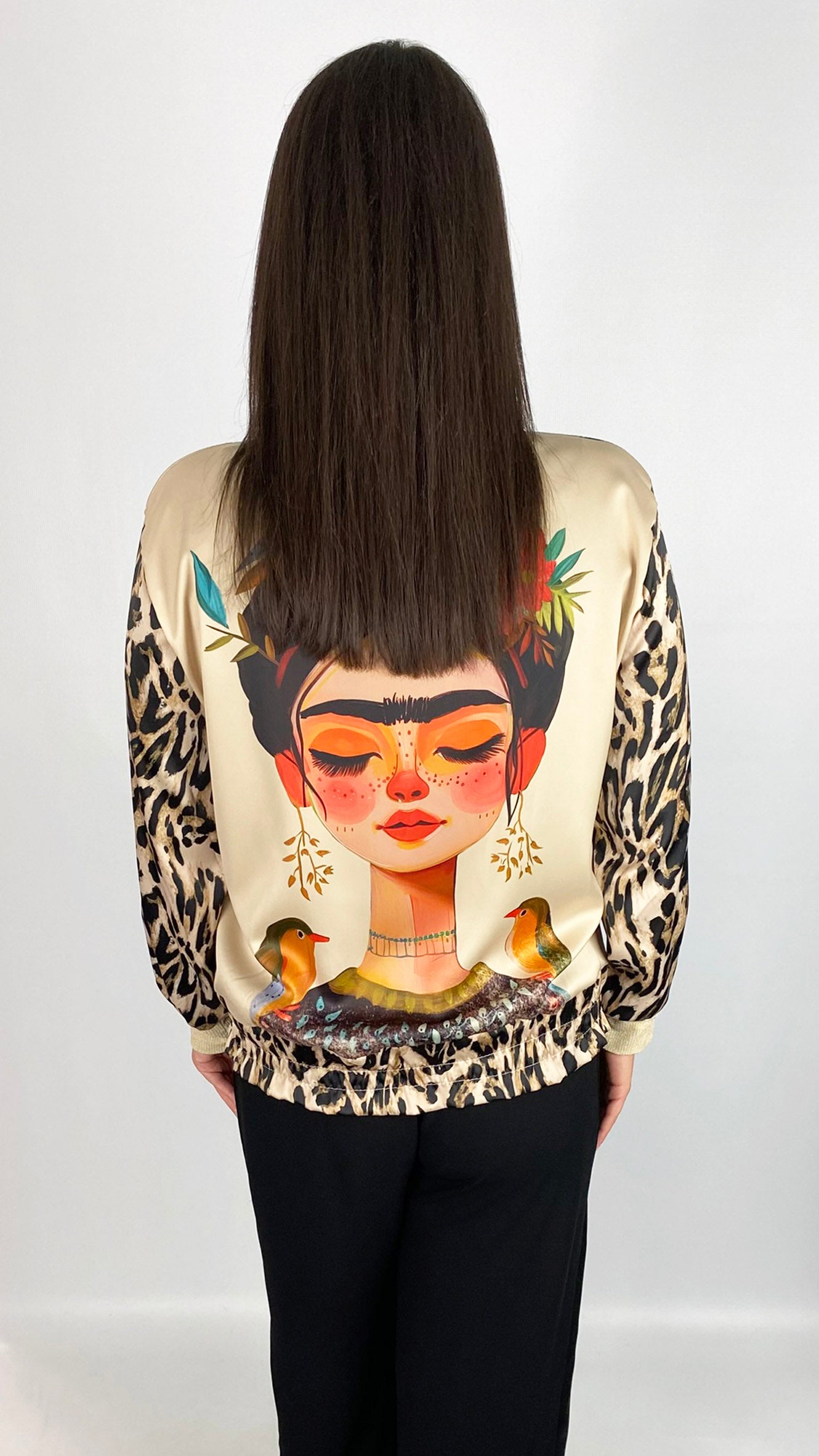 Animal print & Frida inspired elasticated hem zip jacket | Matte Gold | last 1