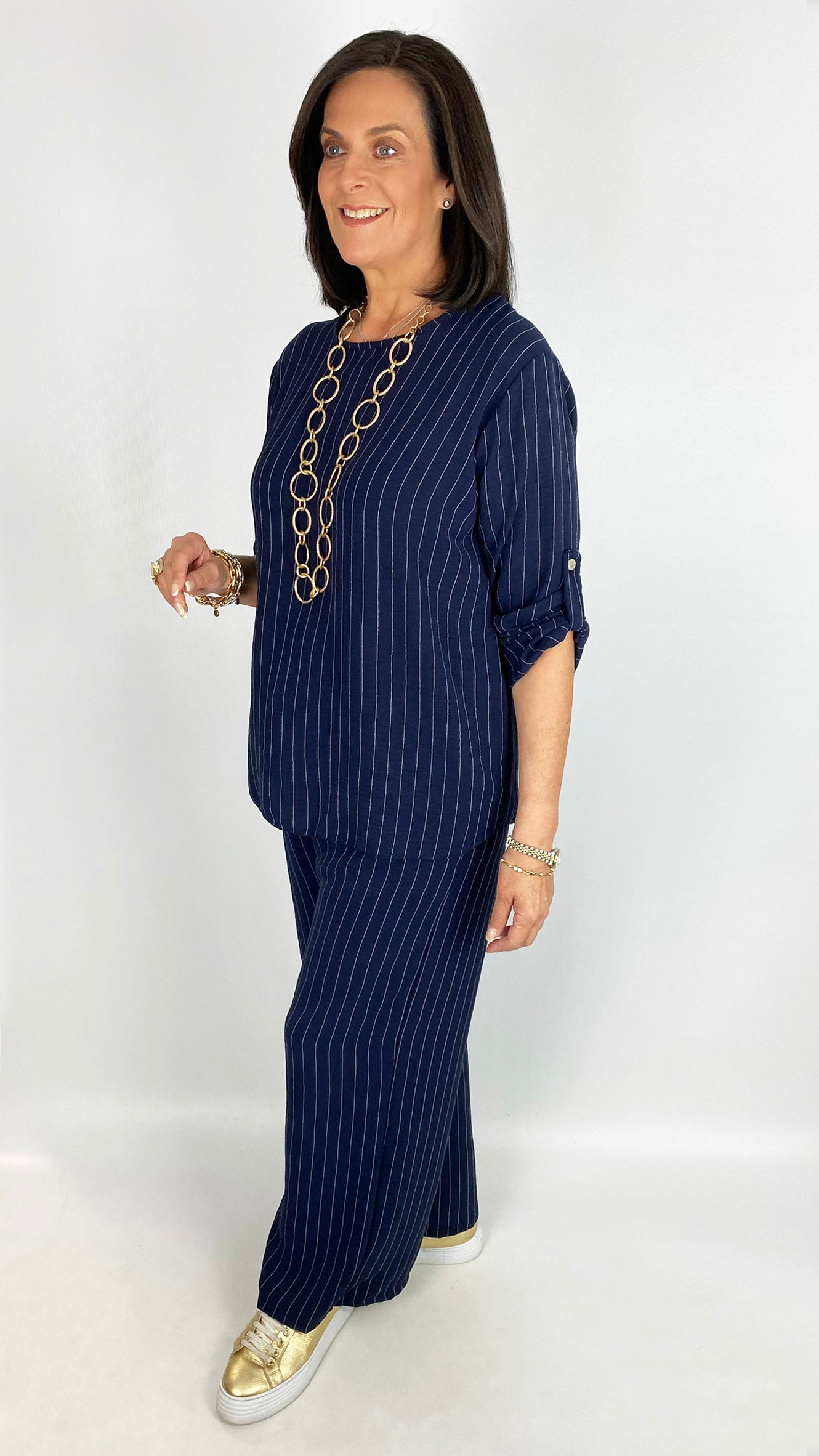 Pinstripe button-up sleeve top & wide-leg trouser set | 3 Colours | last 1