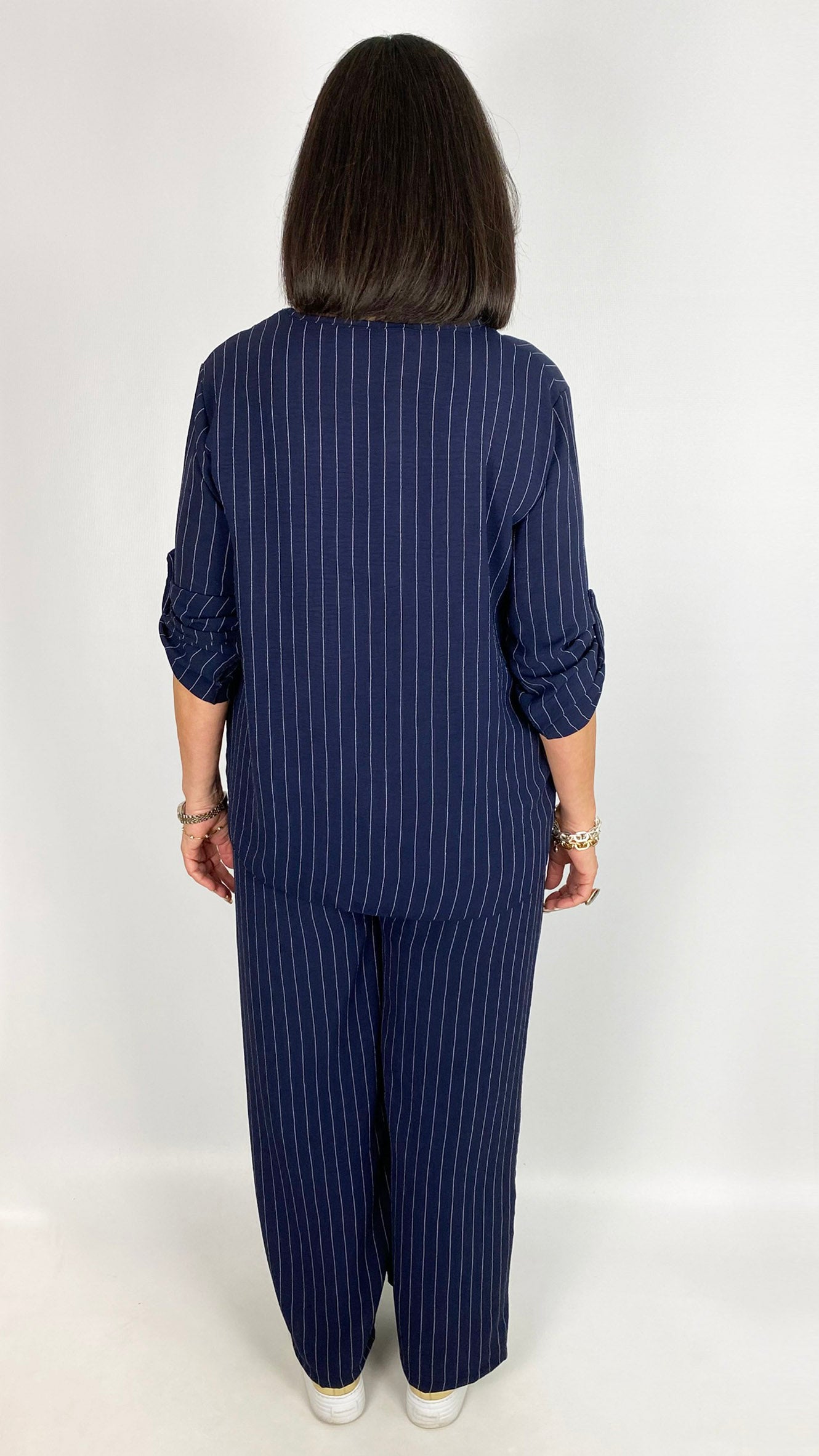 Pinstripe button-up sleeve top & wide-leg trouser set | 3 Colours | last 1
