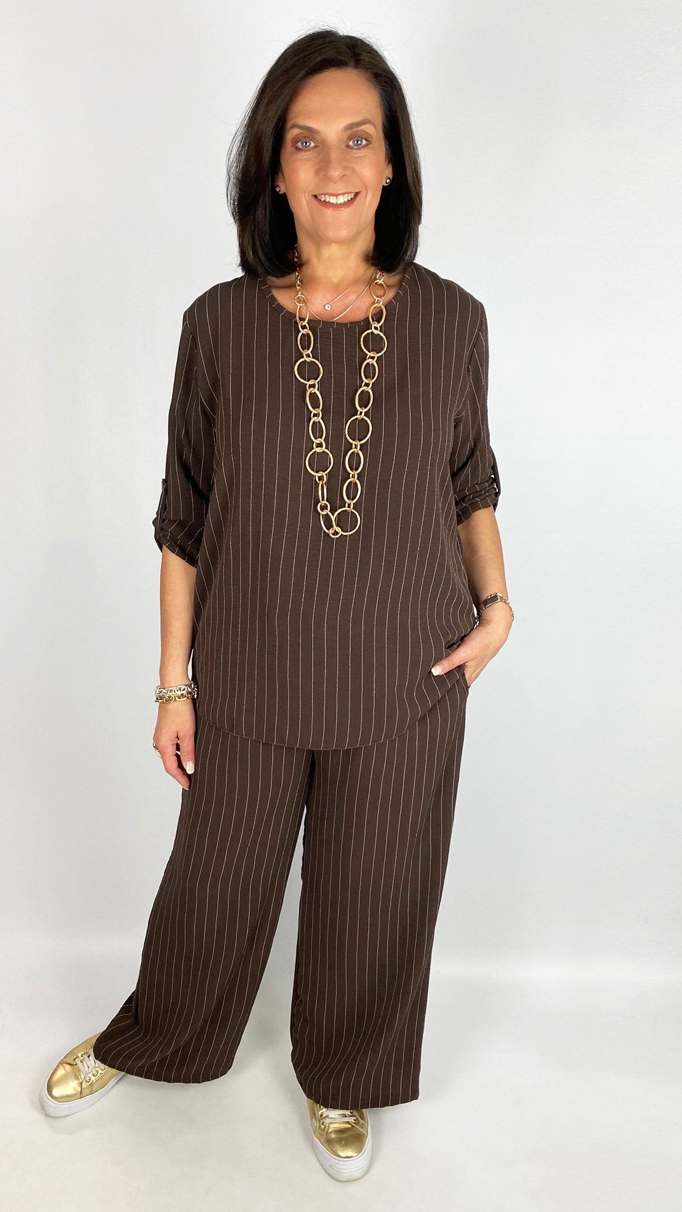 Pinstripe button-up sleeve top & wide-leg trouser set | 3 Colours | last 1