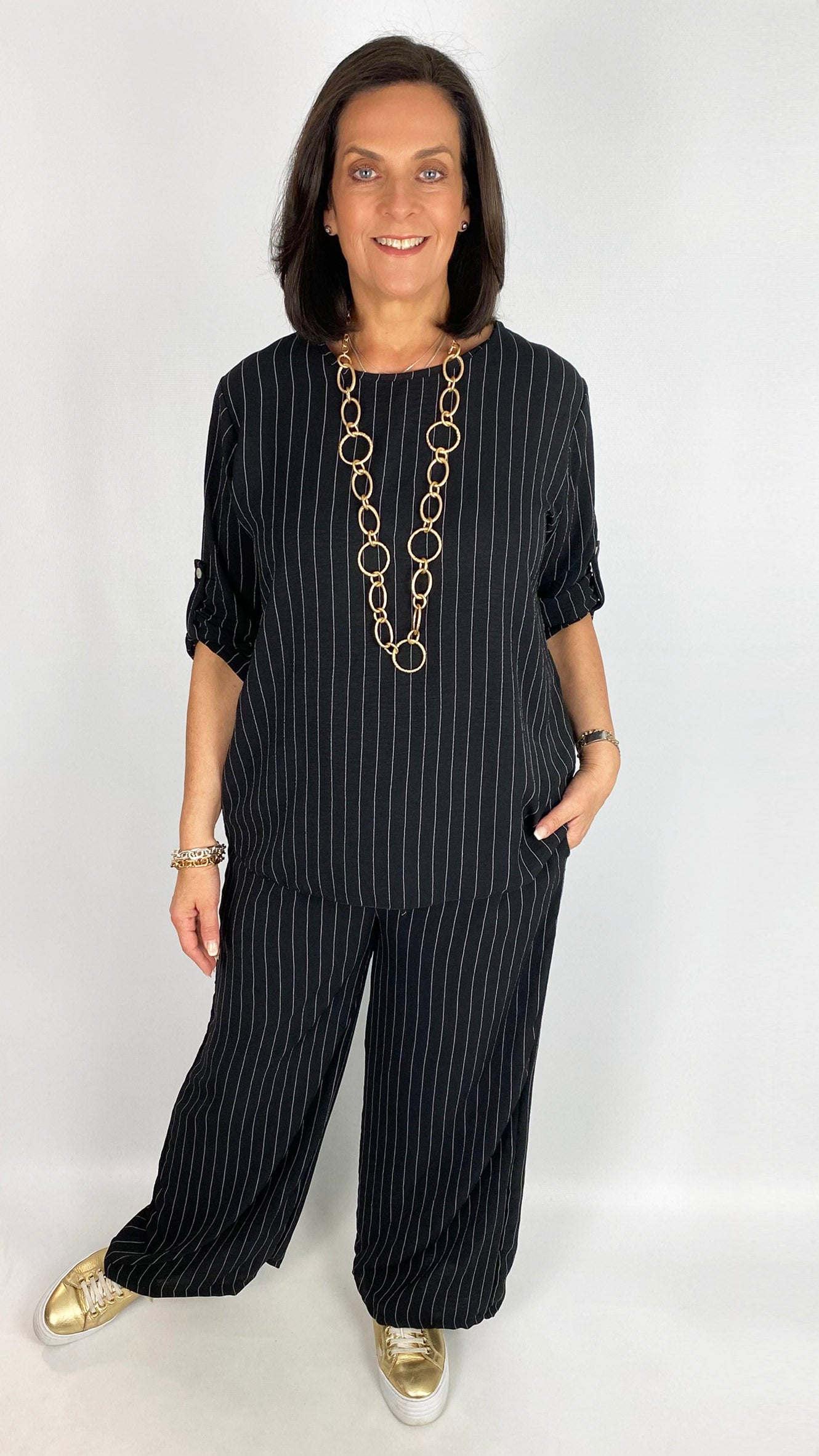 Pinstripe button-up sleeve top & wide-leg trouser set | 3 Colours | last 1