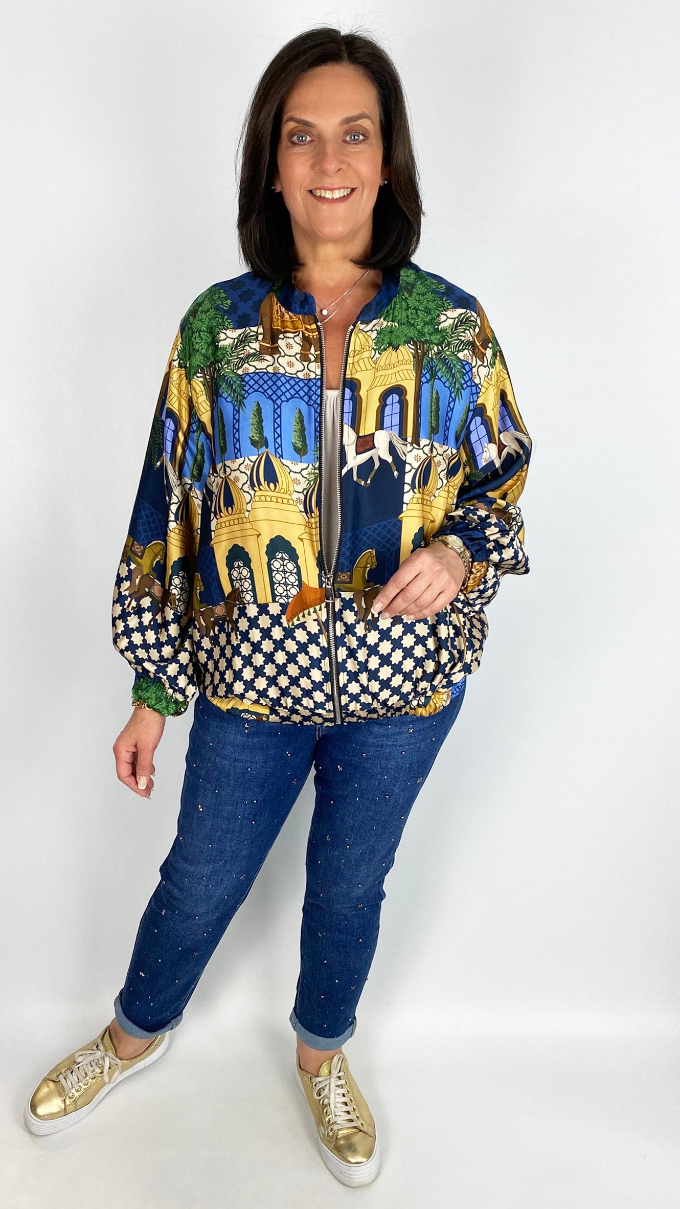 Print sateen elasticated hem zip bomber jacket | 2 Colours