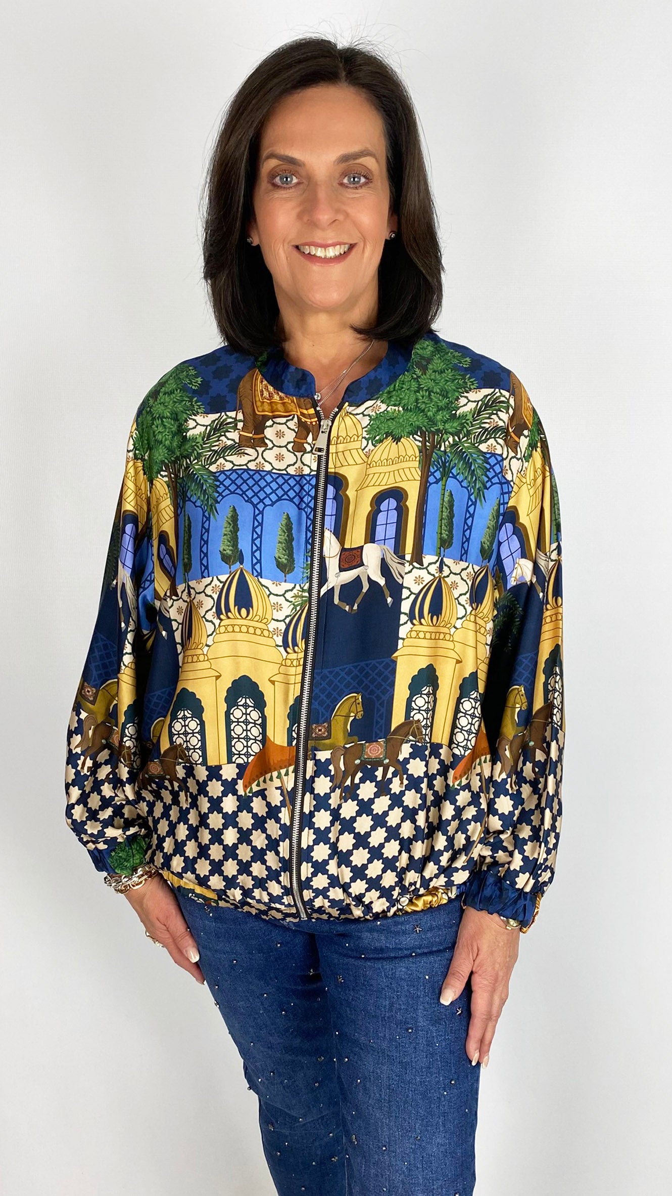 Print sateen elasticated hem zip bomber jacket | 2 Colours