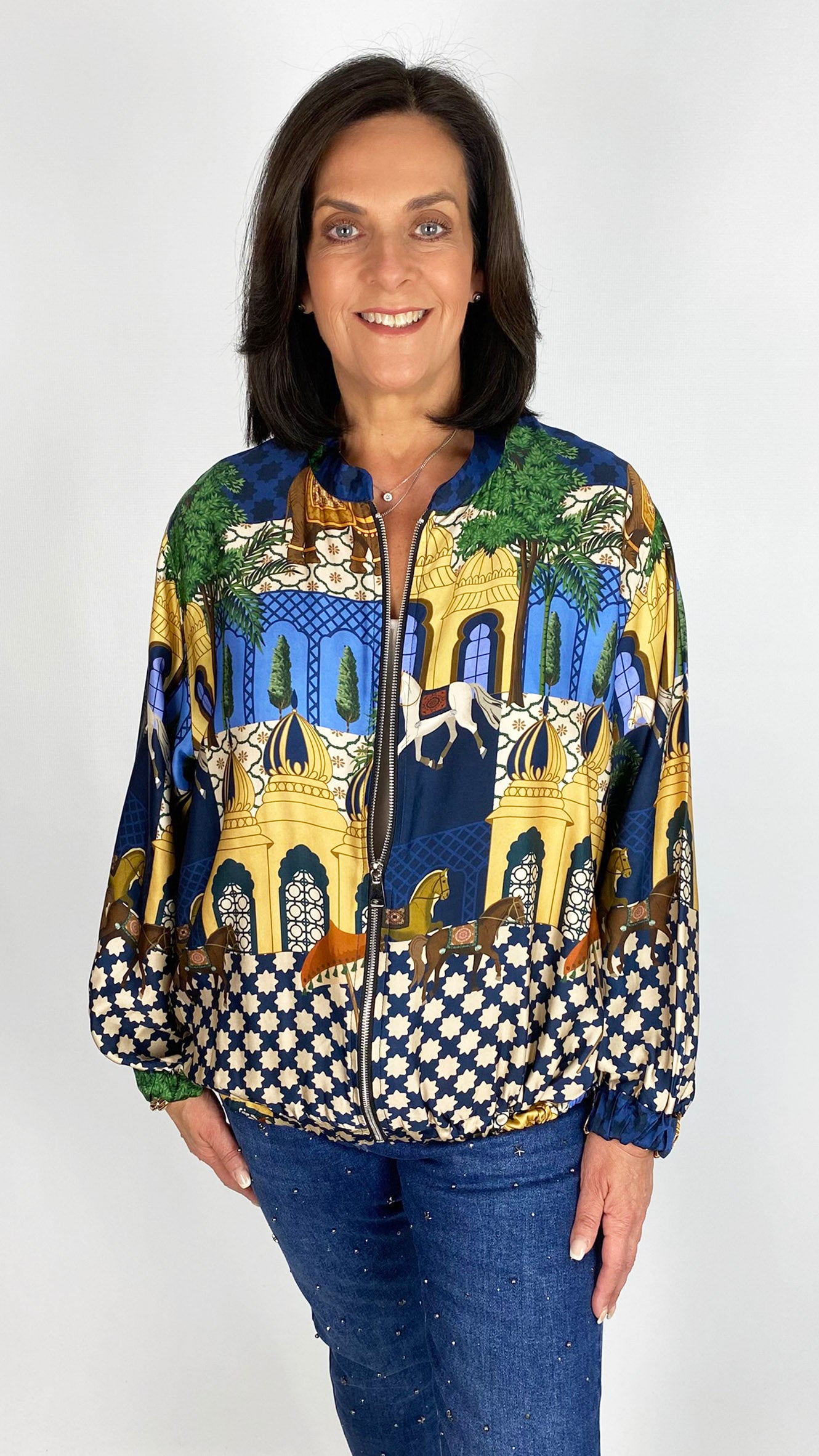Print sateen elasticated hem zip bomber jacket | 2 Colours