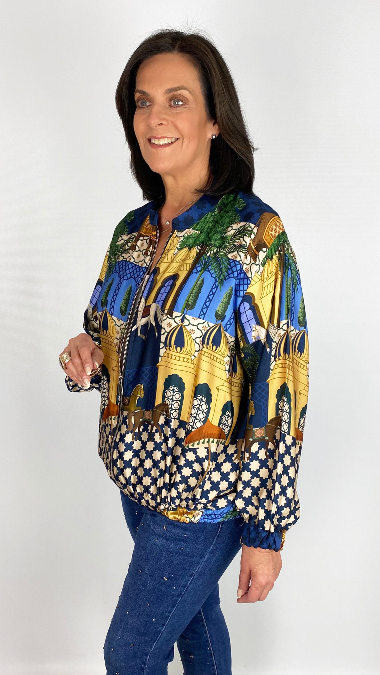 Print sateen elasticated hem zip bomber jacket | 2 Colours