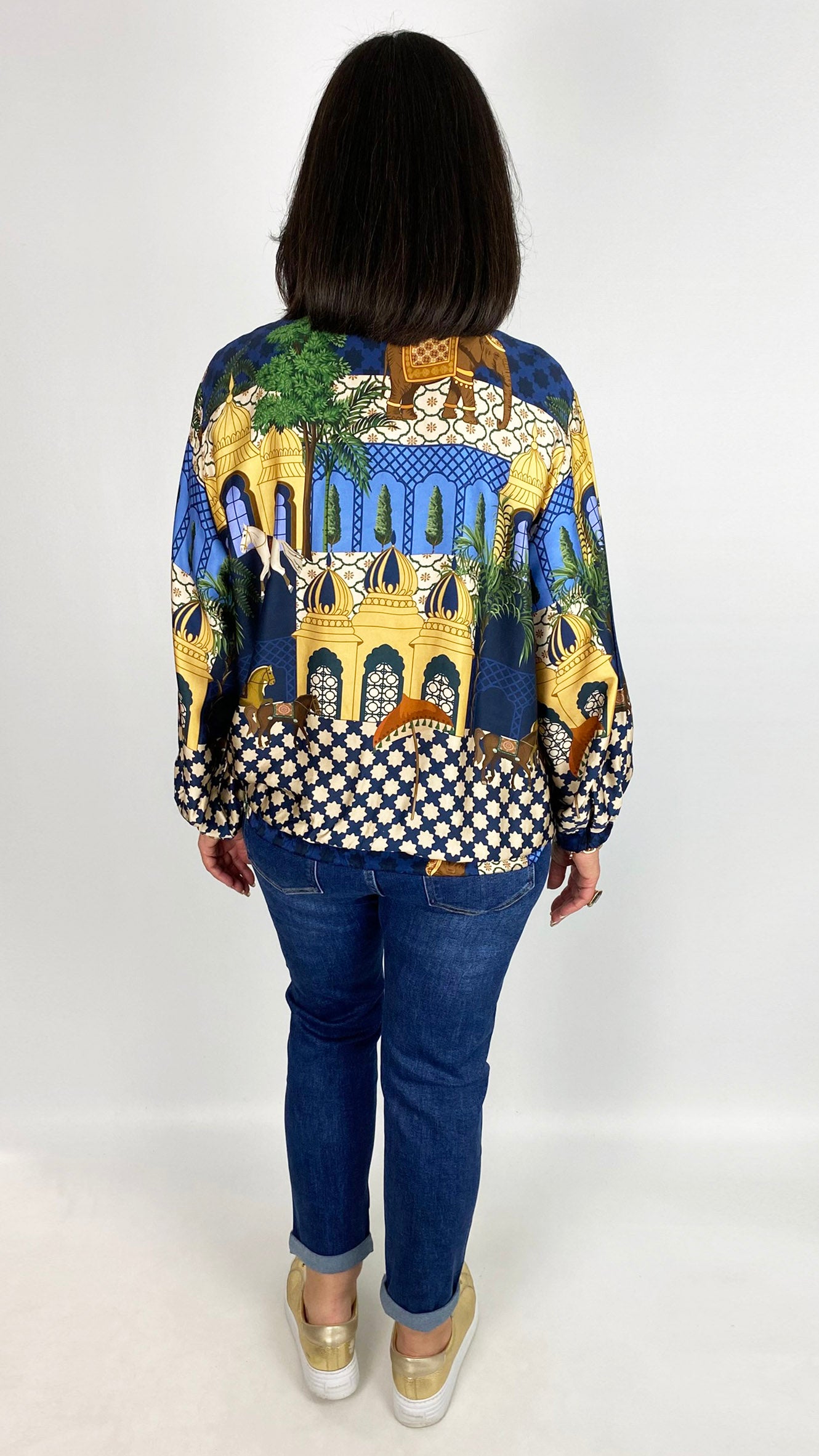 Print sateen elasticated hem zip bomber jacket | 2 Colours