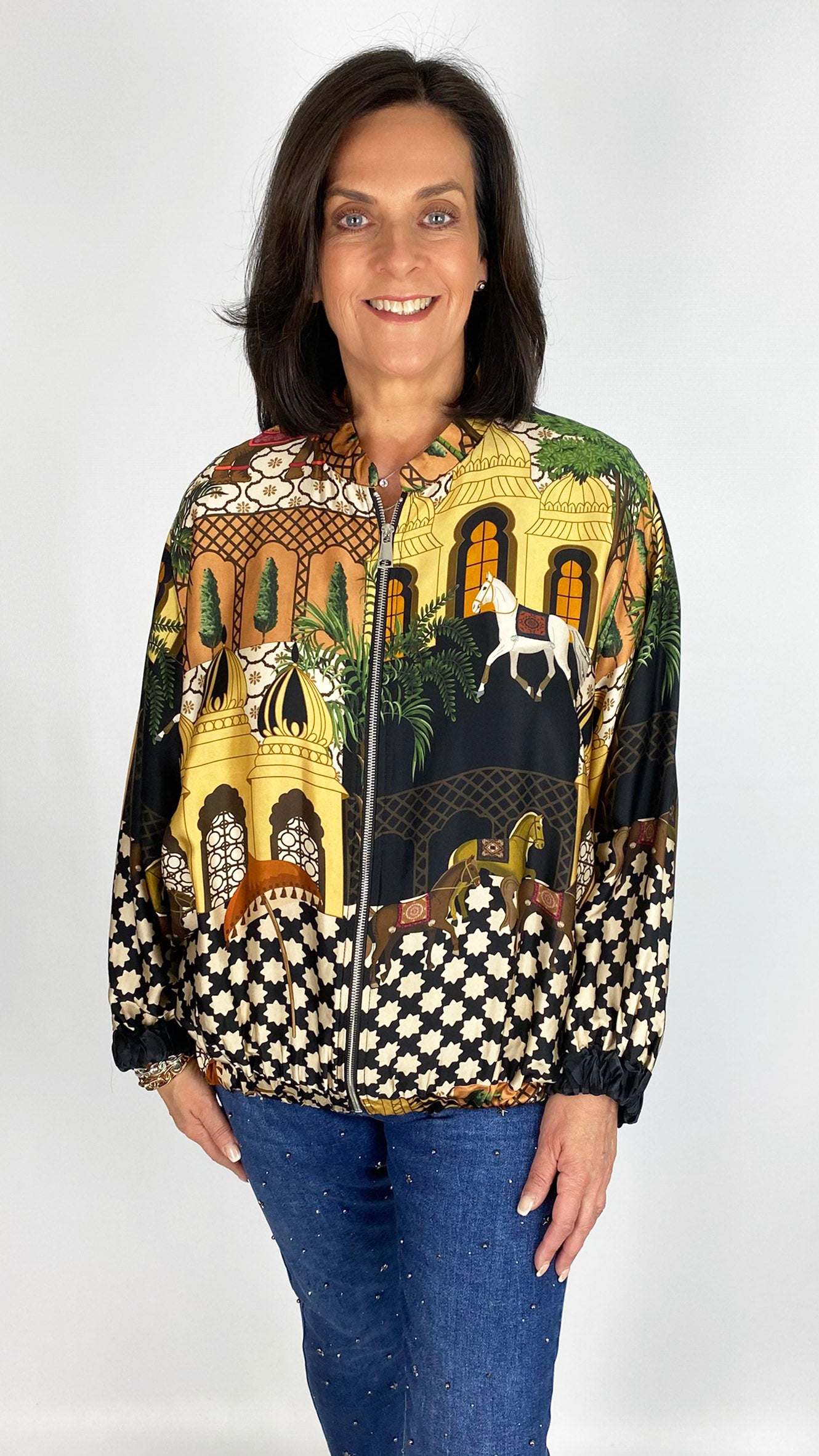 Print sateen elasticated hem zip bomber jacket | 2 Colours